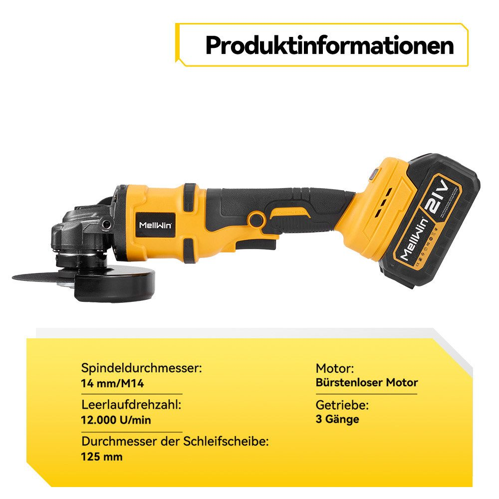 Gelb-schwarzer Mellwin-Winkelschleifer mit Akku. Text enthält Produktinformationen und Spezifikationen.