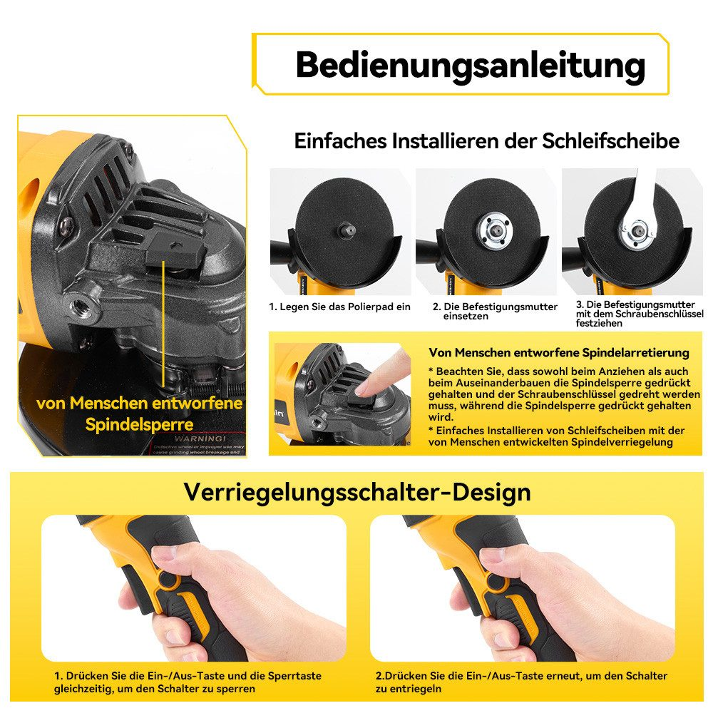 Die Bedienungsanleitung zeigt Schritte zum Zusammenbau des Schleifers. Text enthält 'Spindelarretierung' und 'Schalterdesign'. Hand drückt Schalter.