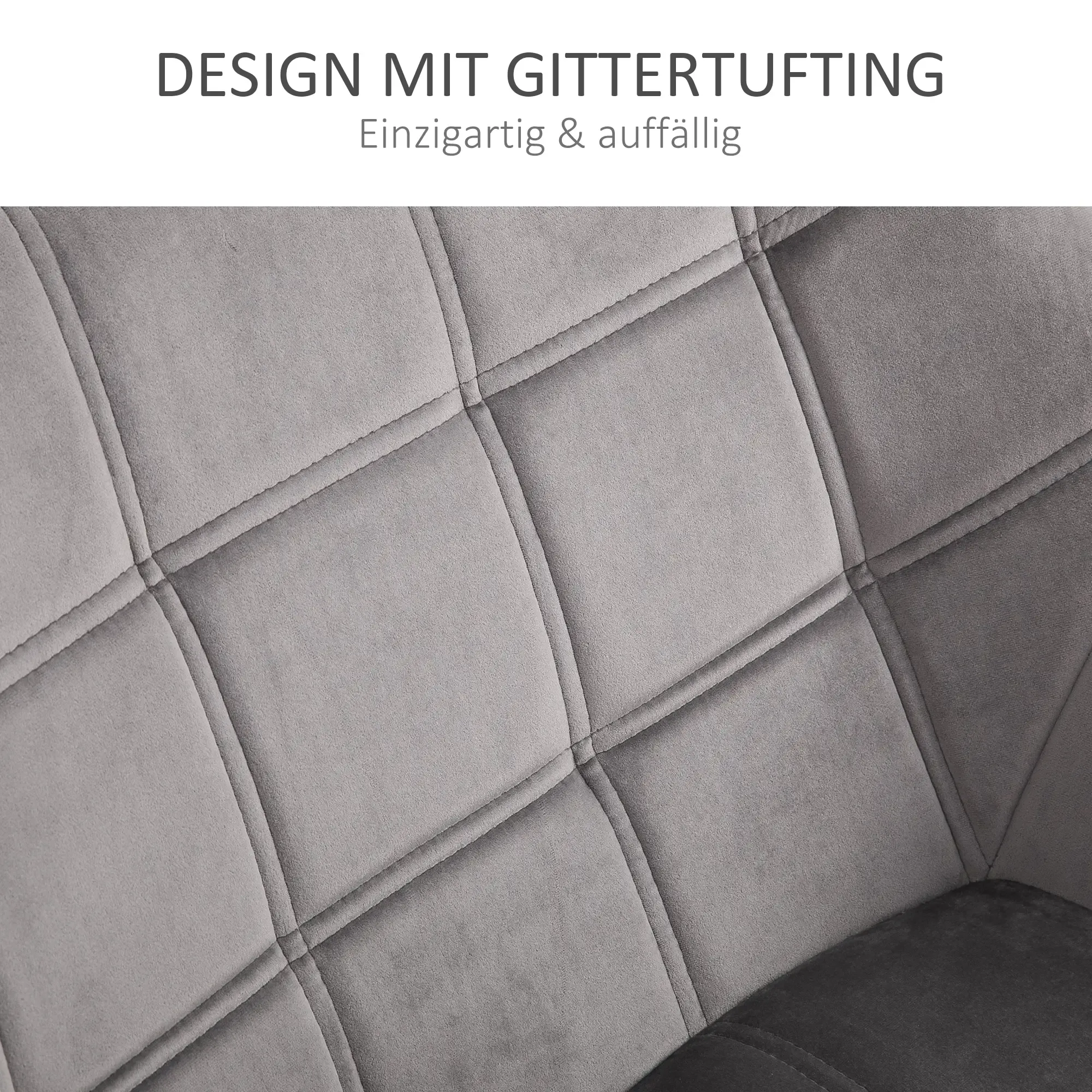 Nahaufnahme eines grauen, gesteppten Stoffes mit Rautenmuster. Der Stoff hat eine samtige Textur mit sichtbaren Nähten.