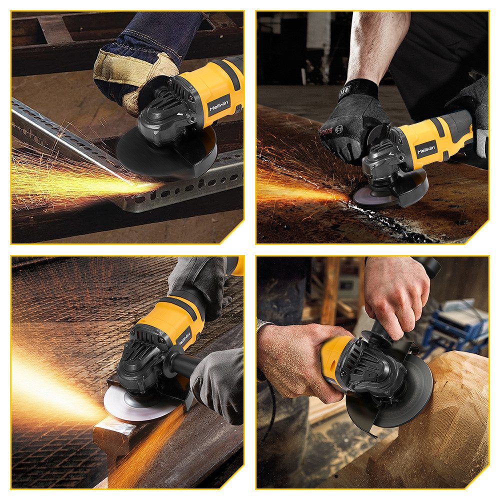 Vier Bilder zeigen Hände, die gelbe Winkelschleifer benutzen. Funken fliegen beim Schneiden von Metall. Handschuhe und Schutzkleidung sind sichtbar.