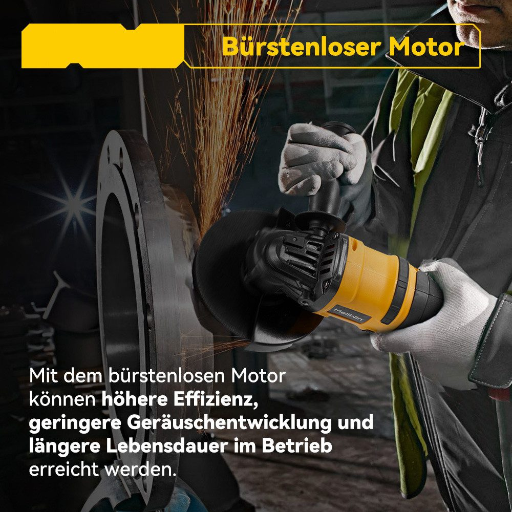 Ein Arbeiter benutzt einen gelb-schwarzen Winkelschleifer, Funken fliegen, gegen eine Metallscheibe. Text auf Deutsch oben und unten.