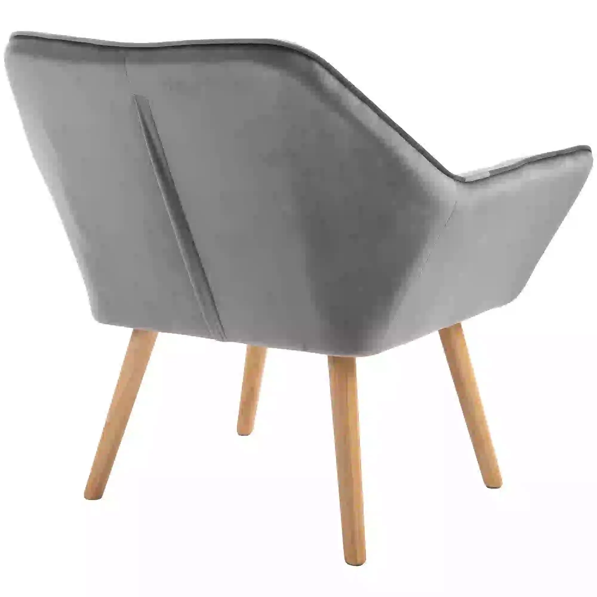 Ein grauer Sessel mit Holzbeinen wird von hinten gezeigt. Der Stuhl hat ein weiches, geschwungenes Design und steht vor weißem Hintergrund.