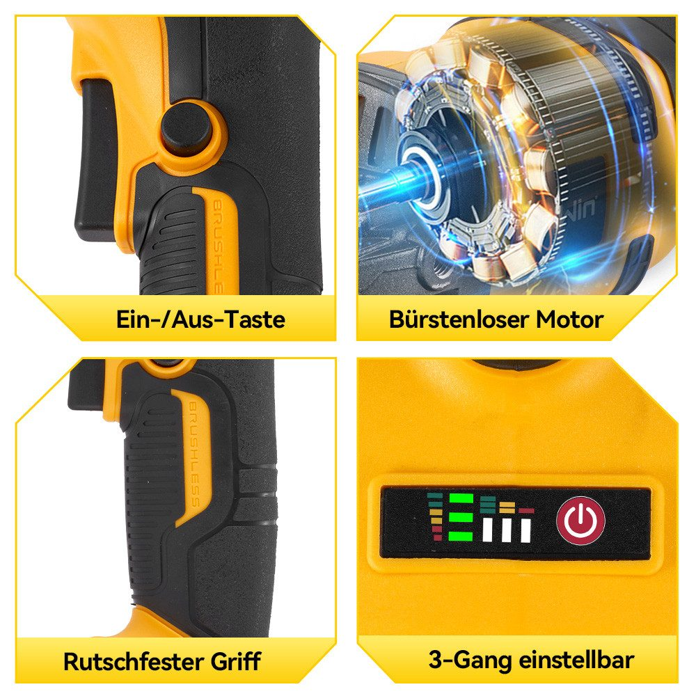 Vier Nahaufnahmen eines gelb-schwarzen Elektrowerkzeugs. Details umfassen Ein/Aus-Taste, bürstenlosen Motor, Griff und Leistungsanzeige.