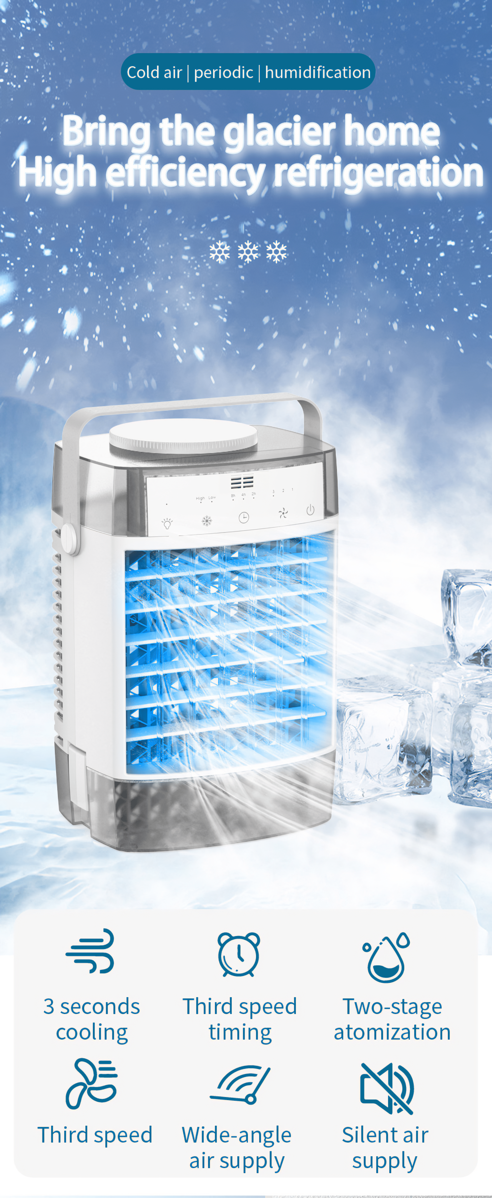 Weißer und grauer Luftkühler mit blauem Luftstrom. Eiswürfel befinden sich im Hintergrund. Text erwähnt Kühlung und Luftzufuhr.