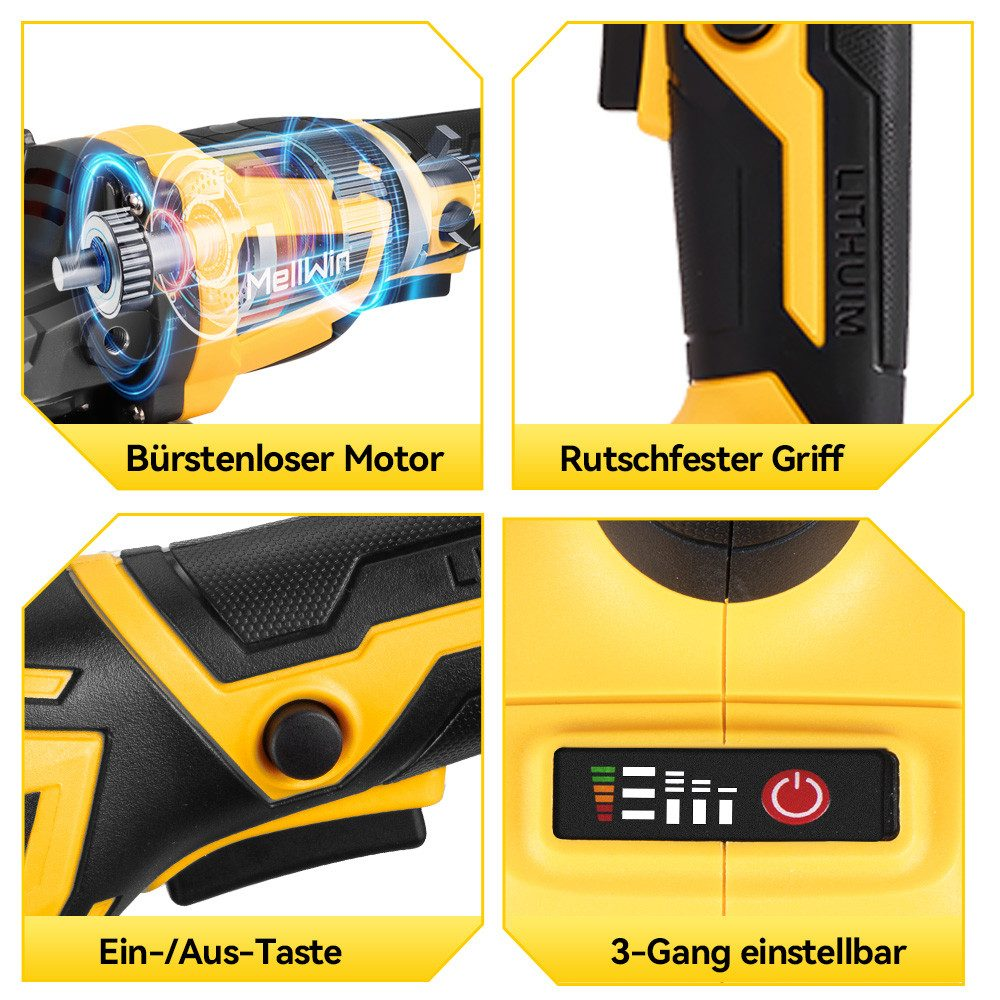 Vier Bilder zeigen Teile eines gelb-schwarzen Elektrowerkzeugs: Motor, Griff, Ein/Aus-Taste und Energieanzeige.