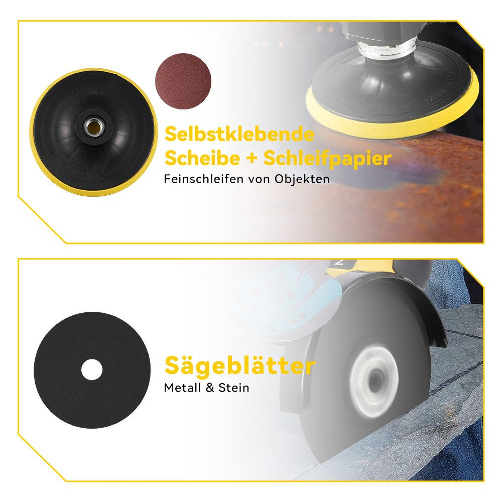 Das Bild zeigt Schleifscheiben und ein Sägeblatt. Text beschreibt Feinschleifen und das Schneiden von Metall und Stein. Werkzeuge und Materialien sind gezeigt.