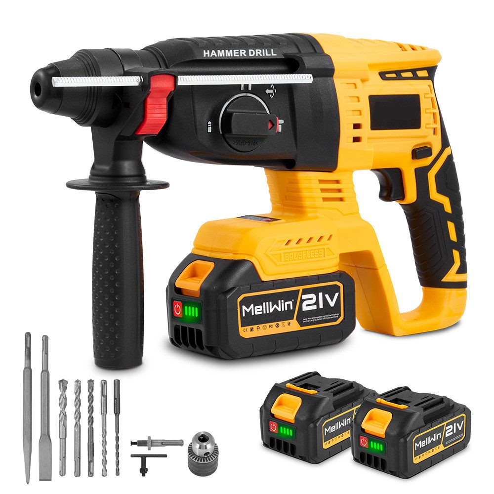 Ein gelb-schwarzer Hammerbohrer mit zusätzlichen Batterien und Bohraufsätzen. Der Bohrer ist mit 'Mellwin 21V' beschriftet.