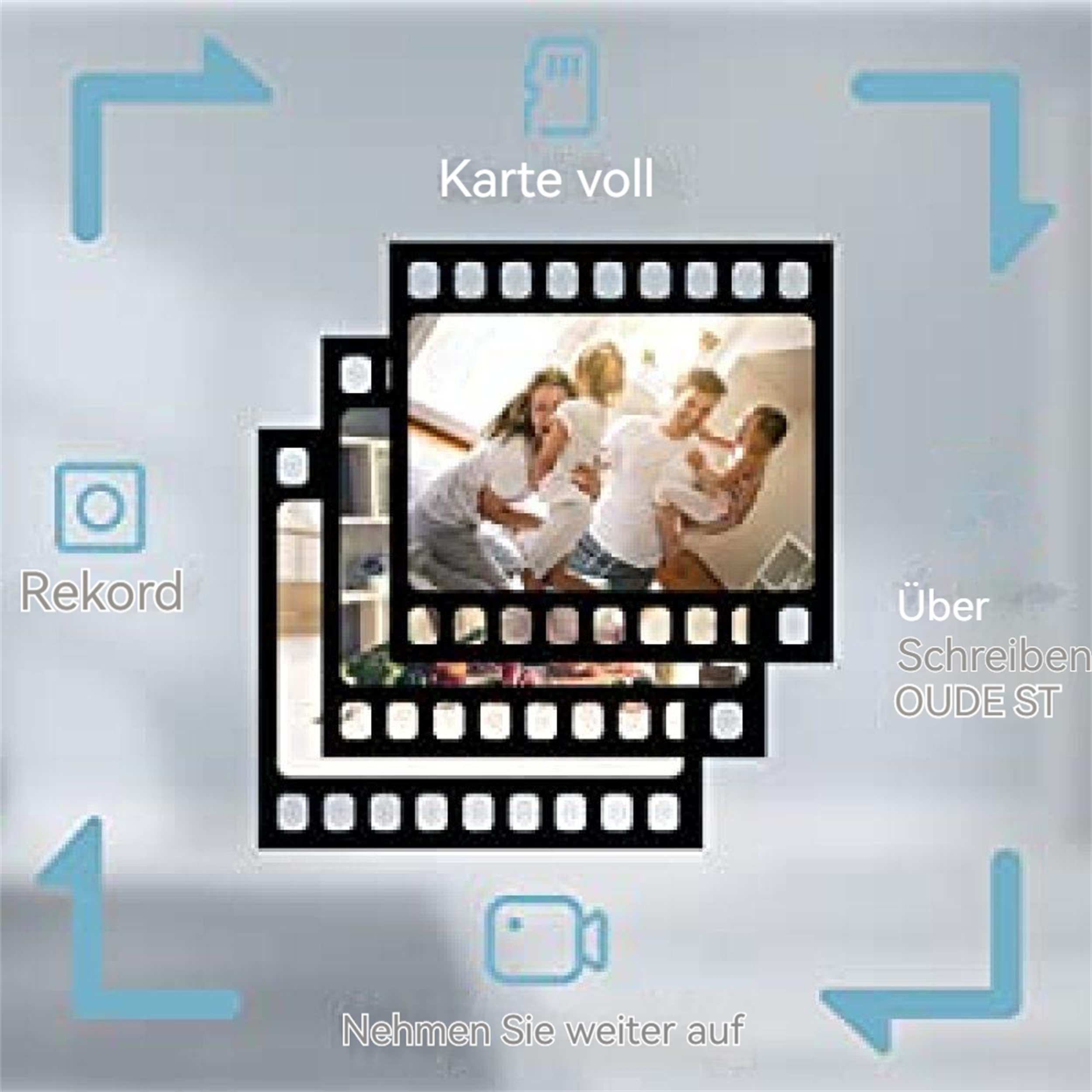Filmstreifen mit Familienfotos; Pfeile, Symbole und Text-Overlay.  Schlägt vor, Erinnerungen zu speichern oder aufzuzeichnen.