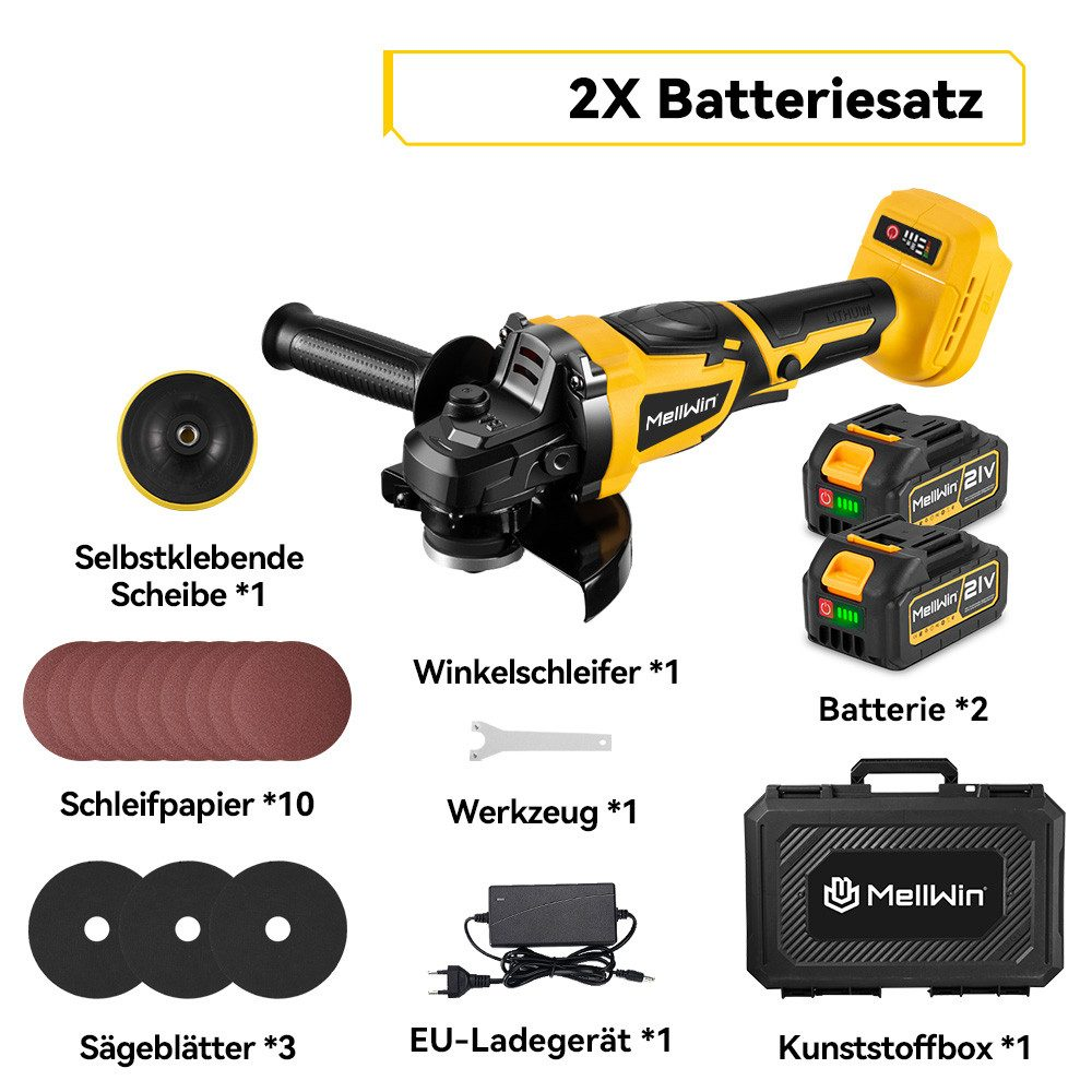 Ein Satz Elektrowerkzeuge, darunter ein Winkelschleifer, Batterien und Zubehör, wird mit deutschen Etiketten angezeigt.