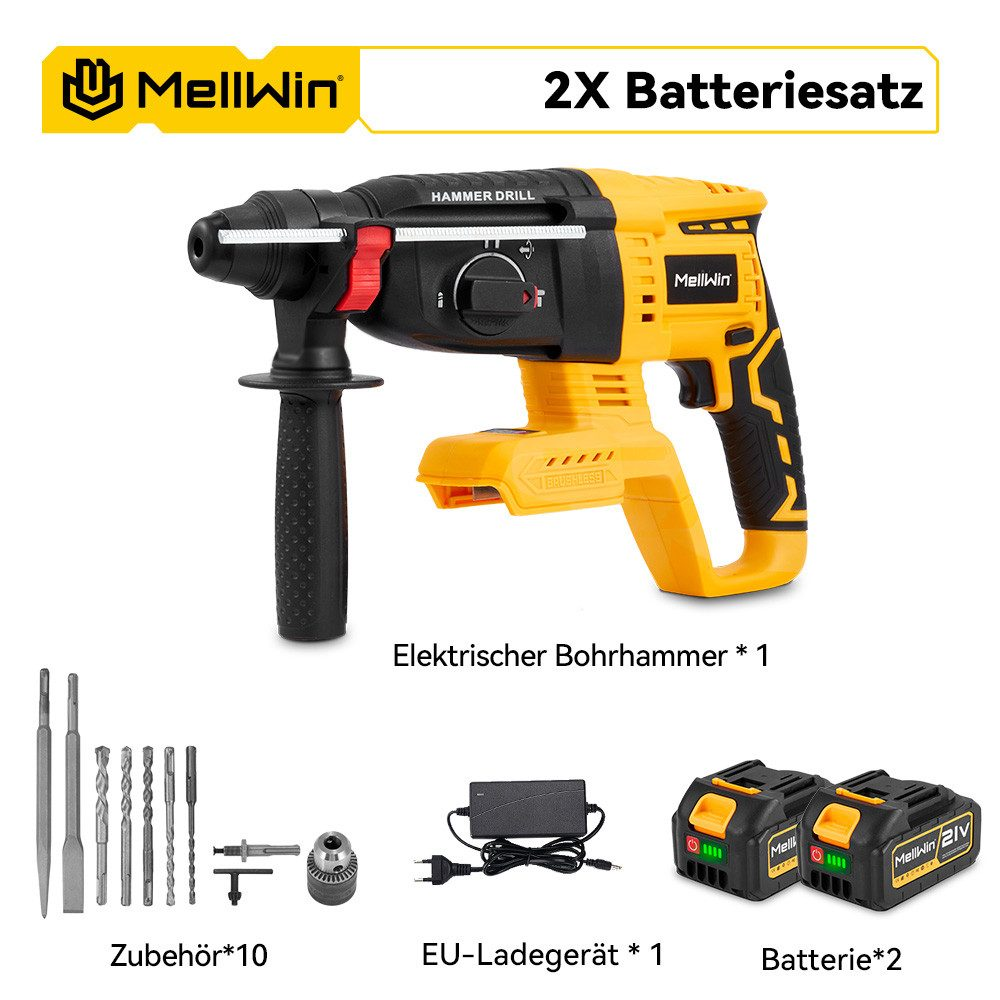 Ein gelb-schwarzer MellWin-Bohrhammer, Zubehör, Batterien und ein Ladegerät werden auf weißem Hintergrund angezeigt.
