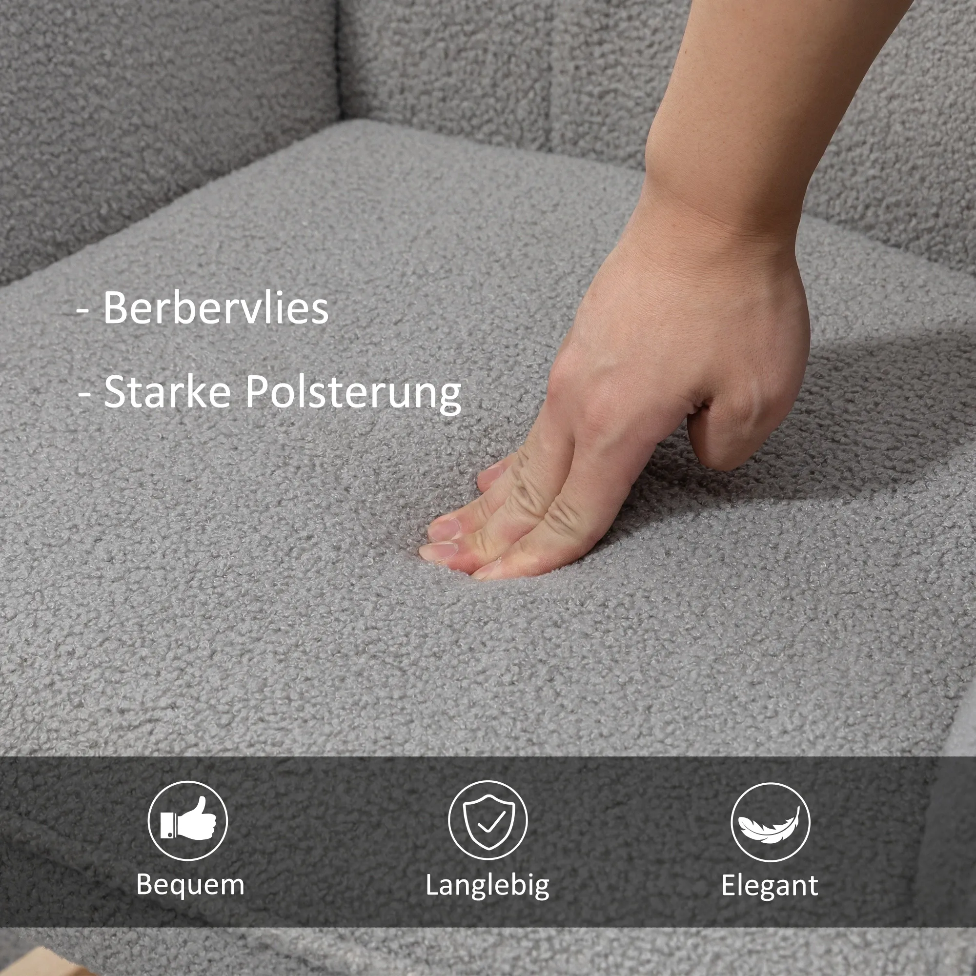 Eine Hand drückt in grauen, strukturierten Stoff. Text: 'Berbervlies' und 'Starke Polsterung'. Icons für 'Bequem', 'Langlebig' und 'Elegant'.