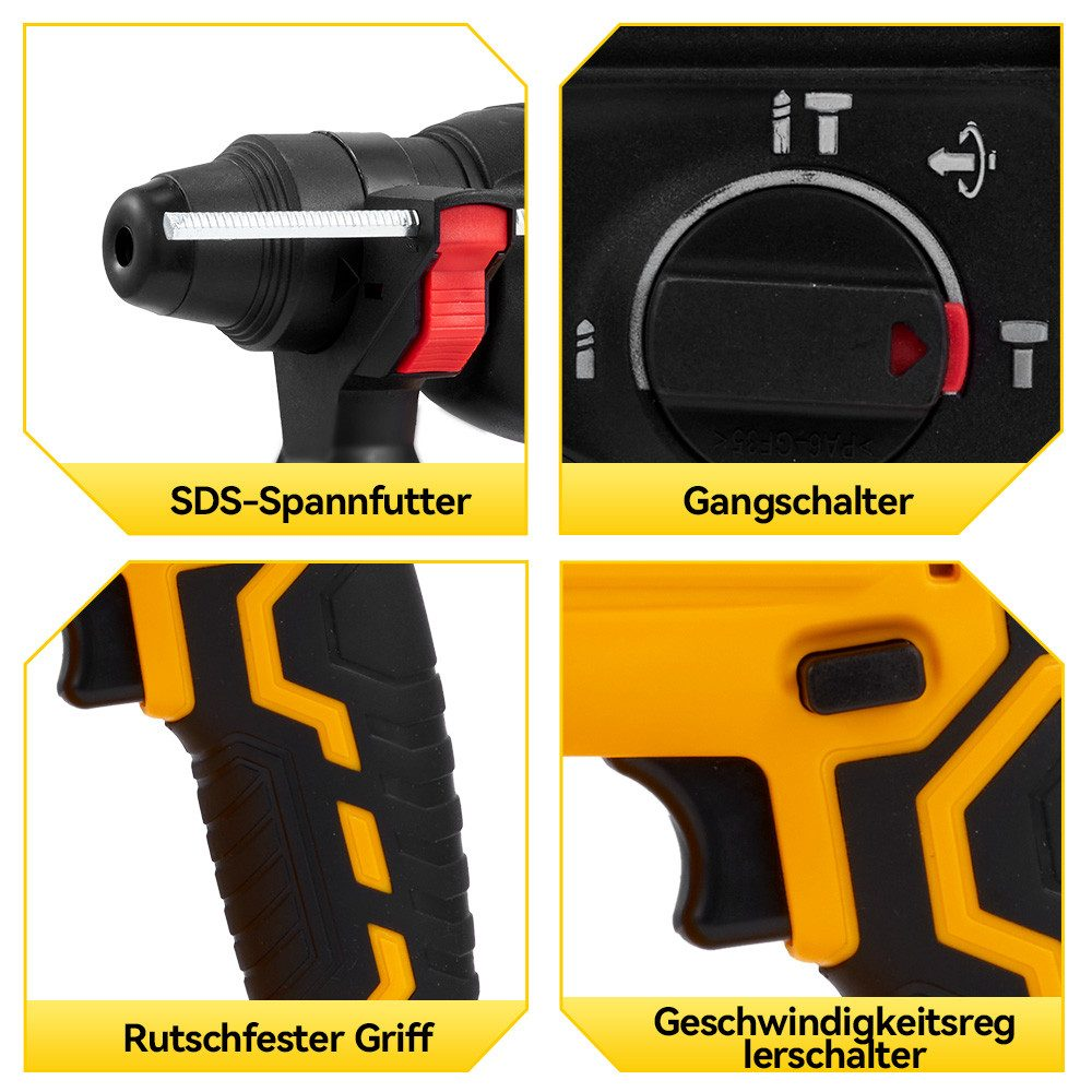 Ein Elekt Bohrer mit schwarzen und gelben Details. Teile umfassen das Bohrfutter, einen Drehknopf, einen Griff und einen Geschwindigkeitsregler.