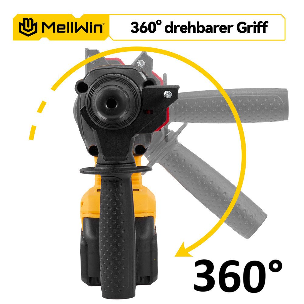 Schwarzer und gelber Bohrer mit einem um 360 Grad drehbaren Griff. Der Griff ist schwarz, der Körper gelb. Der Text lautet '360° drehbarer Griff'.