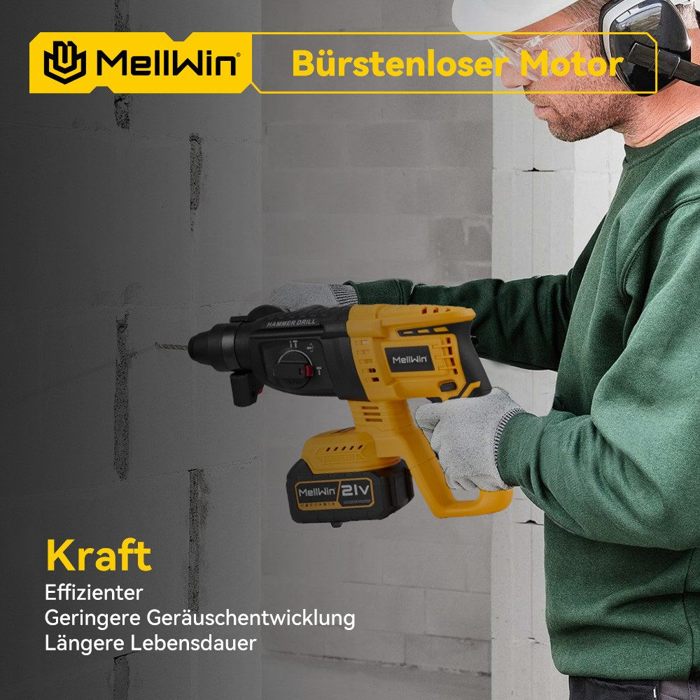 Eine Person hält einen gelb-schwarzen Bohrer. Text auf Deutsch lautet 'Bürstenloser Motor'. Der Bohrer befindet sich in der Nähe einer Ziegelmauer. Handschuhe an.