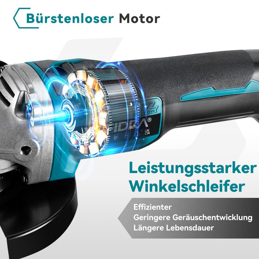 Ein Winkelschleifer mit Text, der 'Bürstenloser Motor' und 'Leistungsstarker Winkelschleifer' sagt.