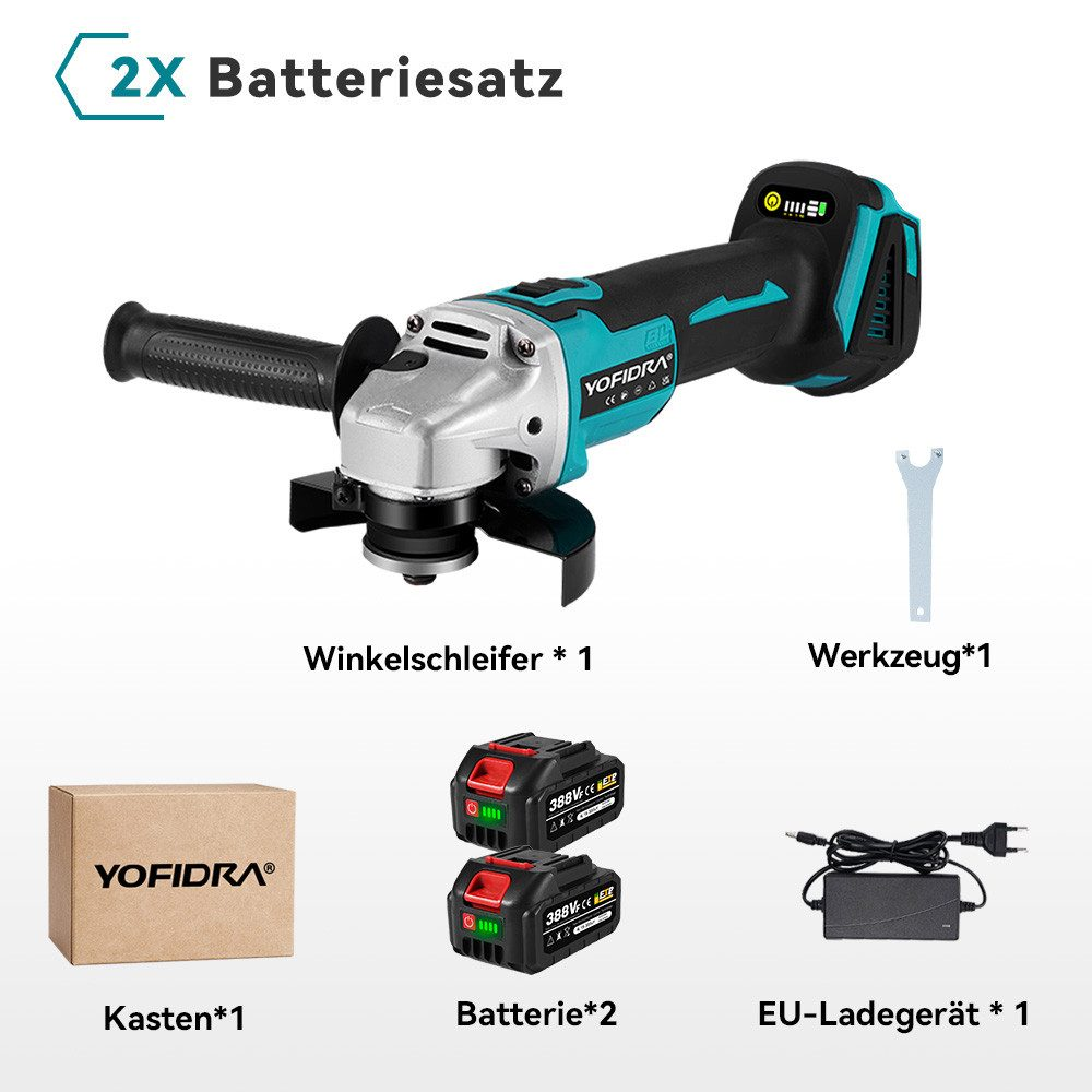 Werkzeugset. Enthält Winkelschleifer, Batterien, Ladegerät und Schraubenschlüssel, alles auf weißem Hintergrund.