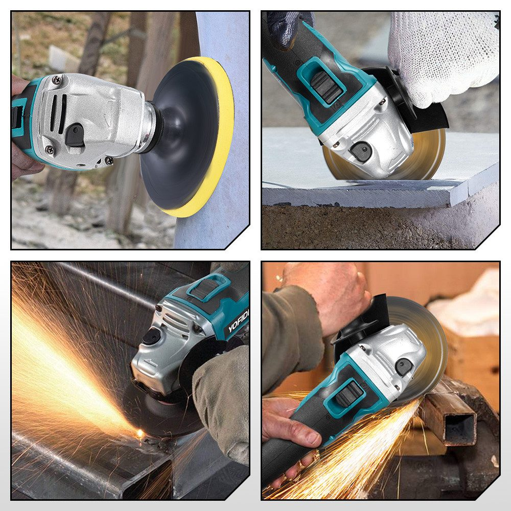 Vier Bilder mit Elektrowerkzeugen. Winkelschleifer werden auf Stein und Metall verwendet und erzeugen Funken. Ein Bild zeigt einen Polierer.
