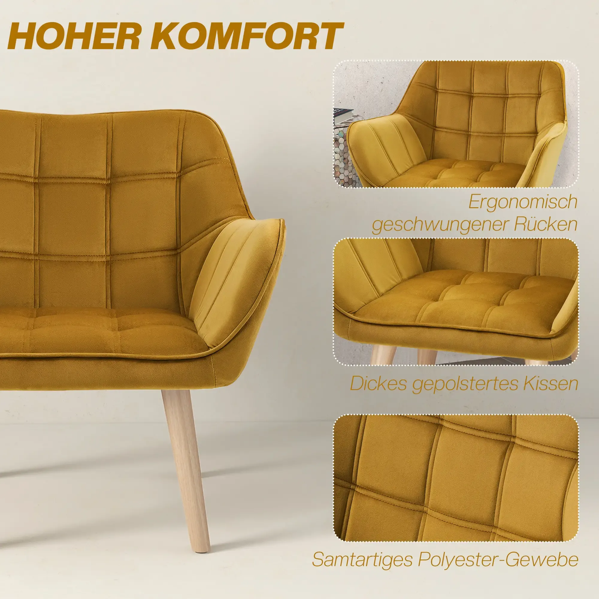 Senfgelber Sessel mit geschwungener Rückenlehne und Holzbeinen auf weißem Hintergrund. Nahaufnahmen von Kissen und Stoff.