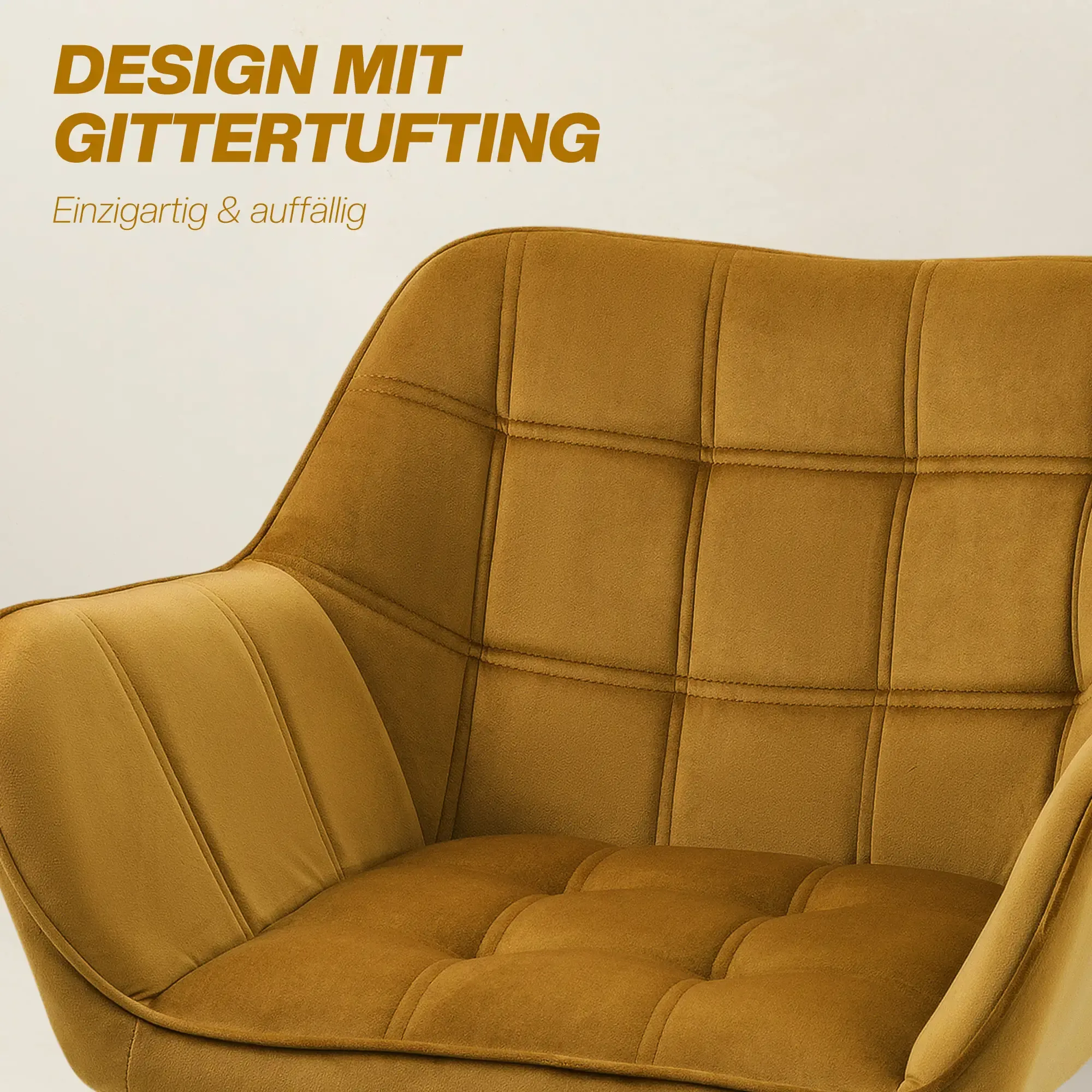 Nahaufnahme eines senffarbenen Samtstuhls. Der Stuhl hat ein getuftetes Design. Weißer Hintergrund mit Text oben.
