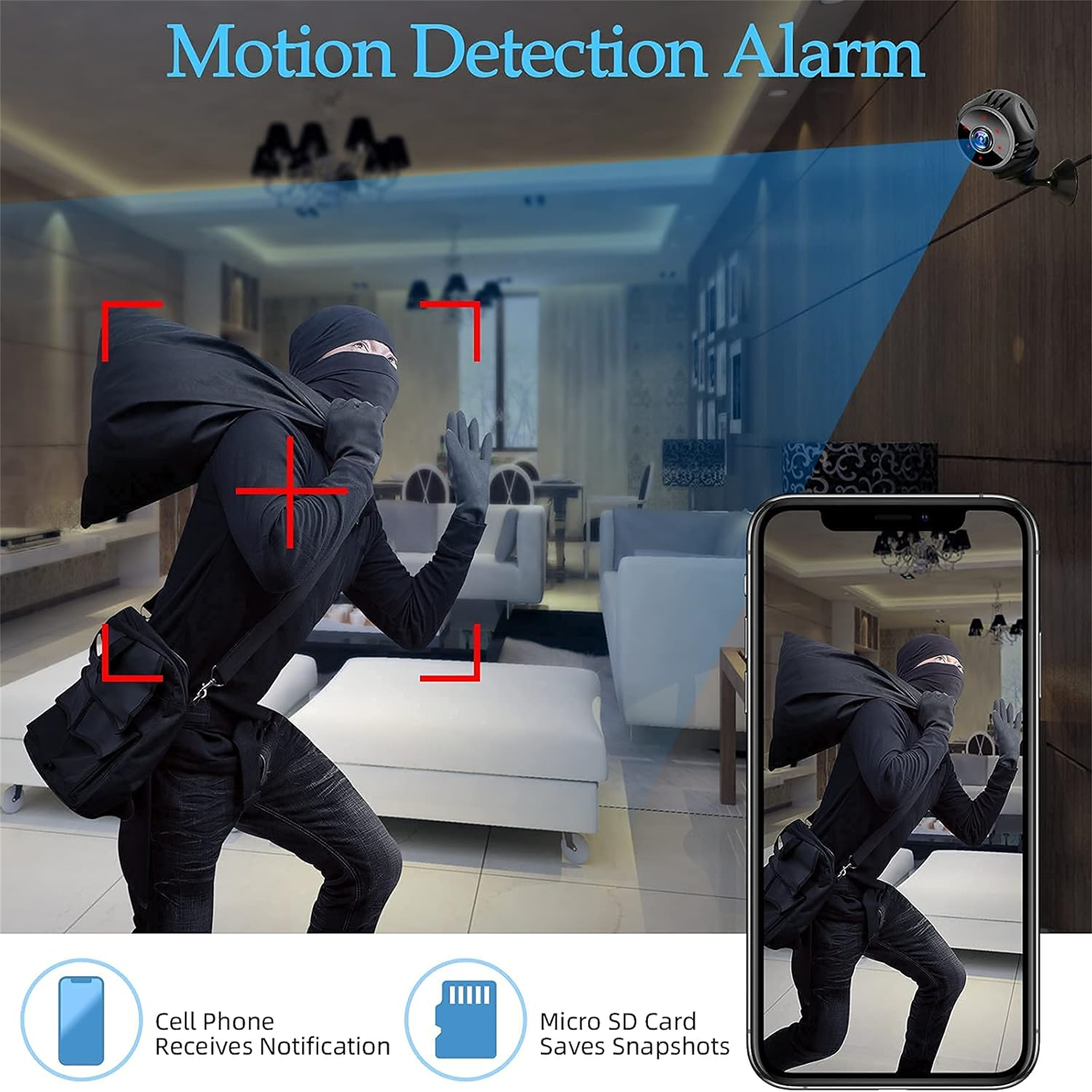 Ein Einbrecher mit einer Tasche wird von einer Überwachungskamera erfasst. Das Telefon erhält eine Benachrichtigung. Eine Micro-SD-Karte speichert Schnappschüsse.