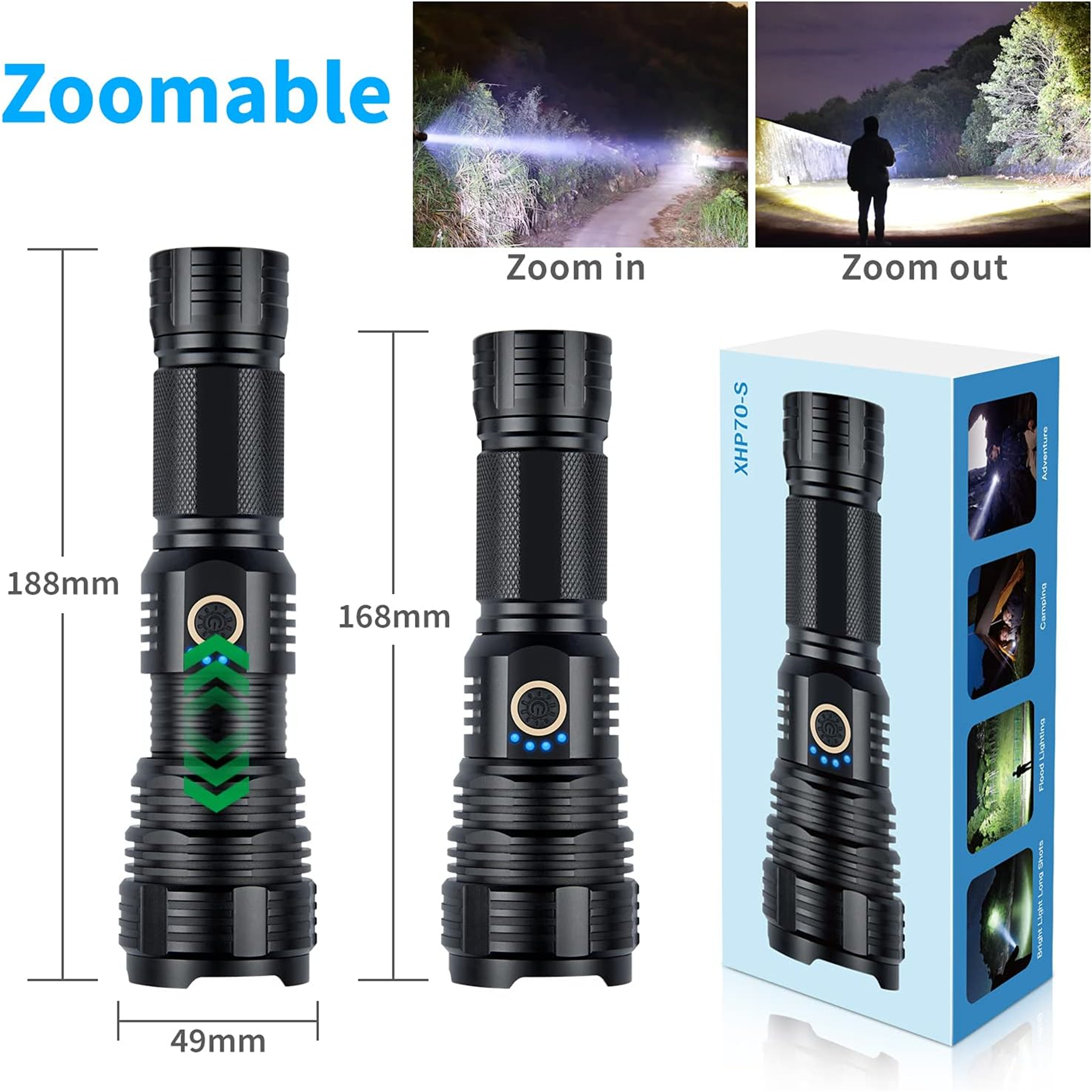 Schwarze Taschenlampe mit angezeigten Abmessungen. Enthält Zoom-in/out-Bilder und Box mit Funktionen.