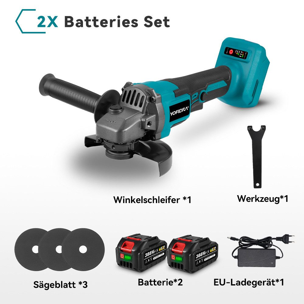 Ein Winkelschleifer-Set mit Batterien, Sägeblättern, einem Schraubenschlüssel und einem Ladegerät. Das Set ist mit deutschen und englischen Wörtern beschriftet.