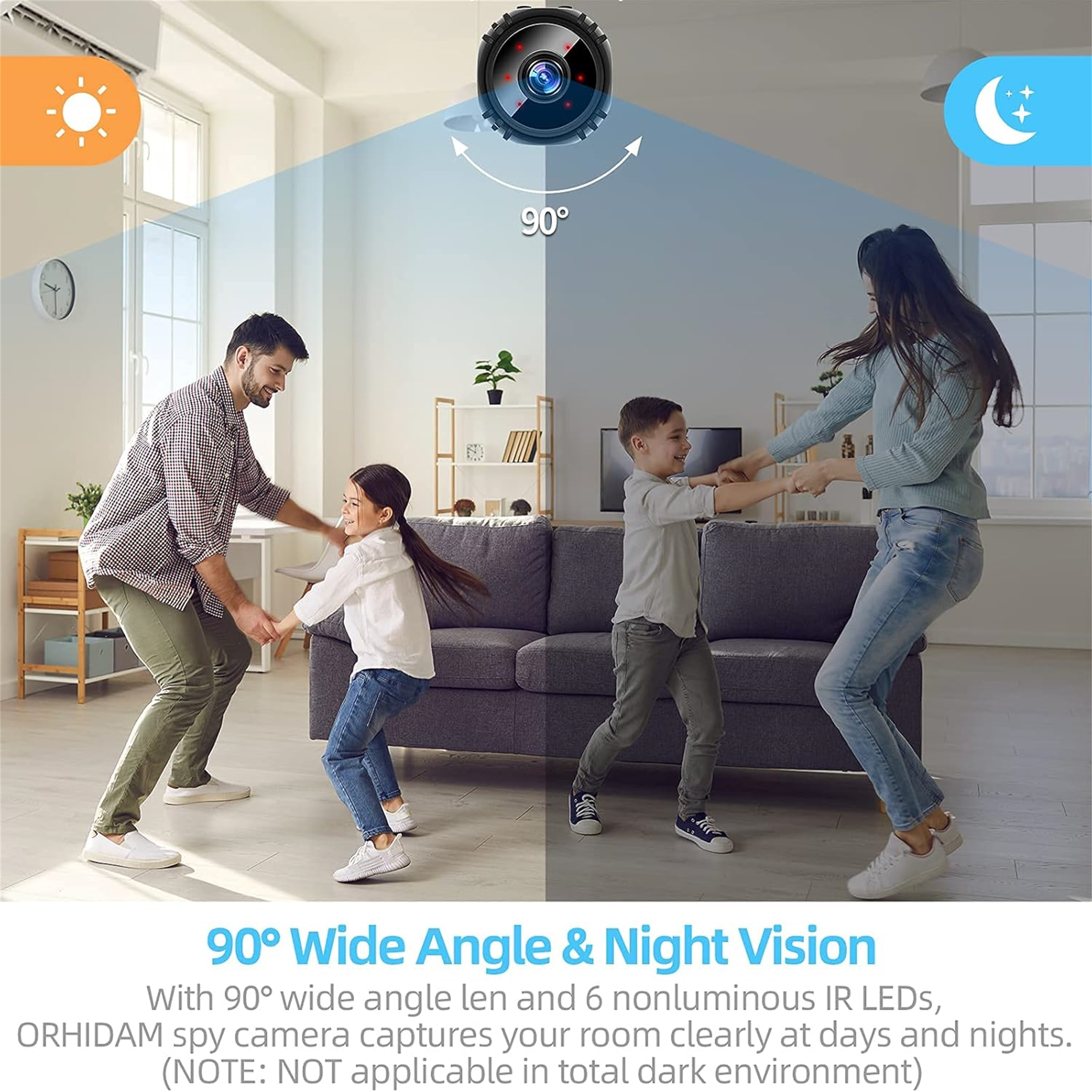 Eine Familie tanzt in einem Wohnzimmer. Eine Kameragrafik befindet sich oben. Text beschreibt die Weitwinkel- und Nachtsichtfunktionen.