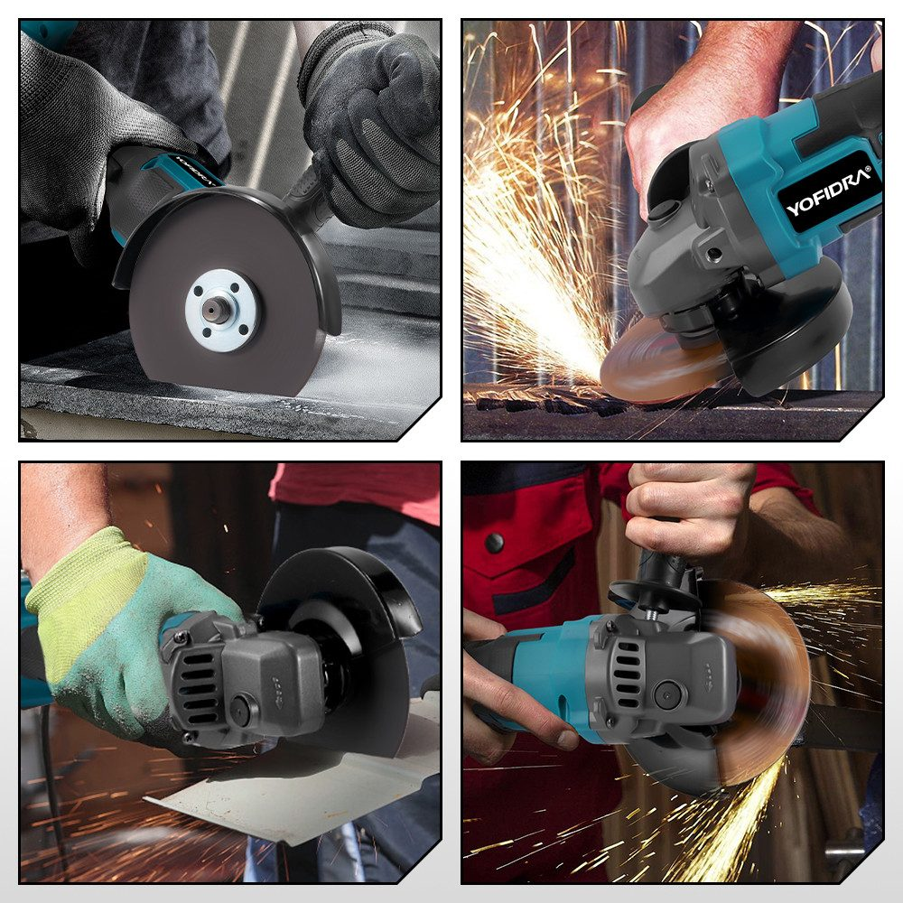 Vier Bilder zeigen Winkelschleifer in Aktion. Funken fliegen, während die Schleifer Metall schneiden. Arbeiter tragen Handschuhe.