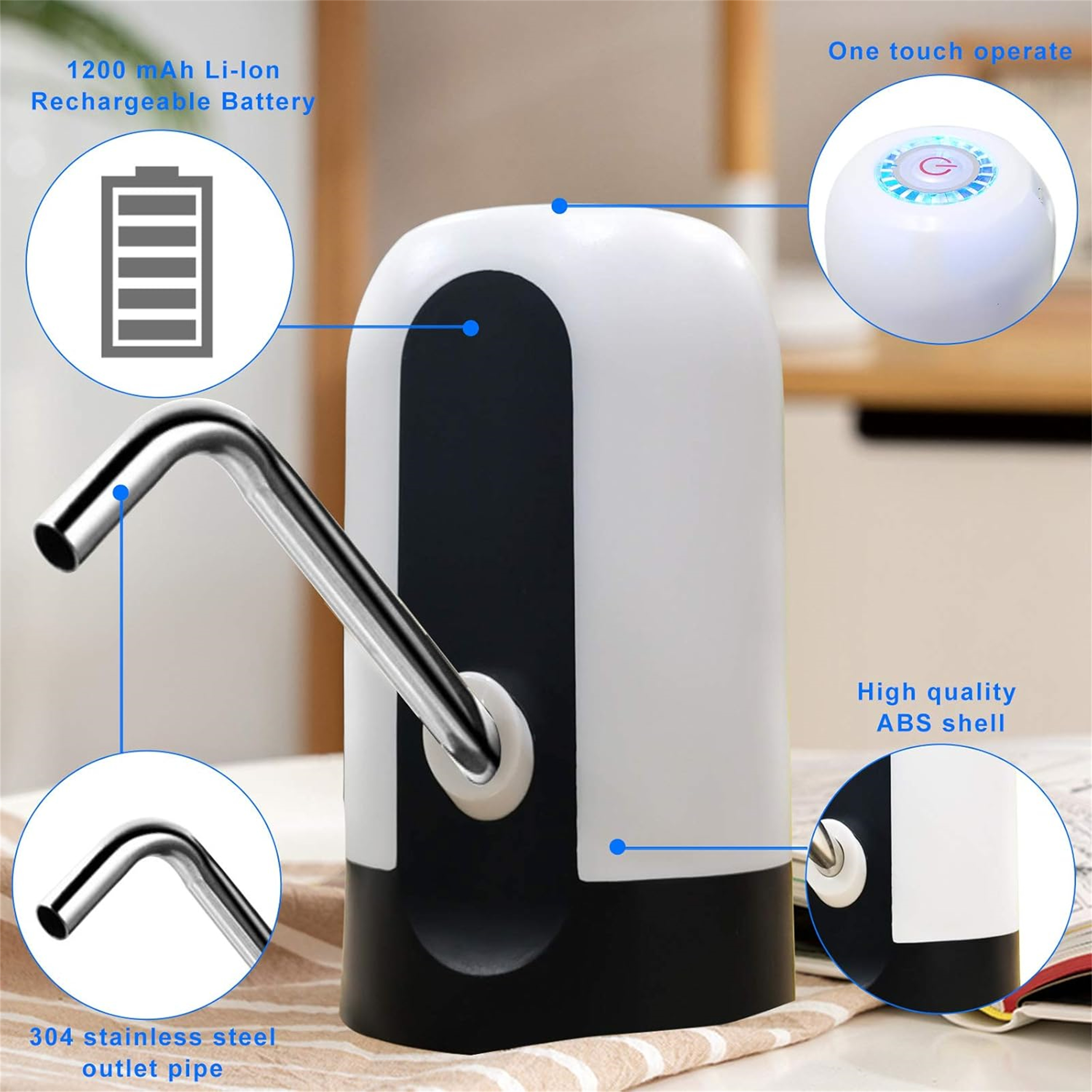 Wasserspender mit weißem und schwarzem Gehäuse. Zu den Merkmalen gehören Edelstahlrohr, One-Touch-Bedienung und Akku.