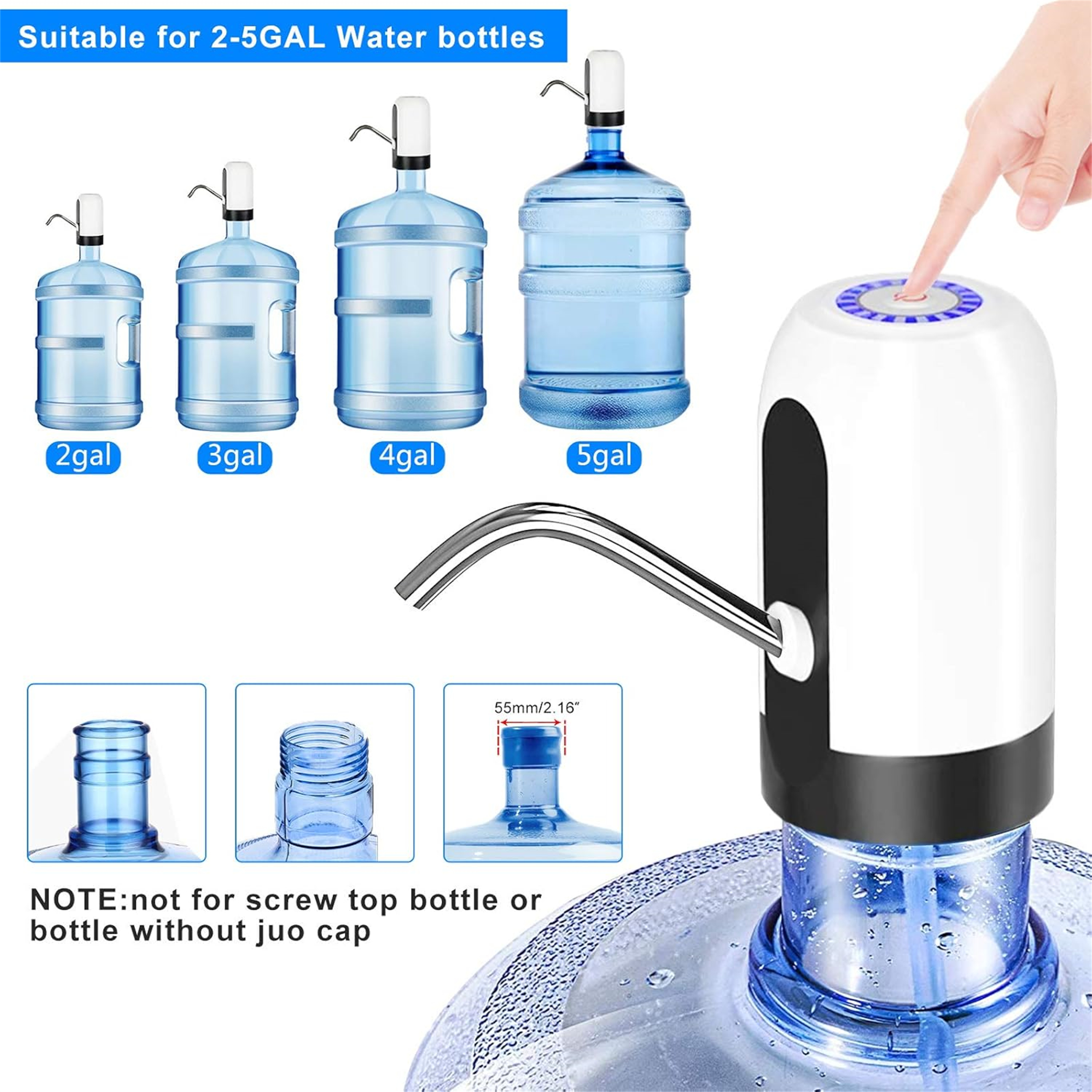Das Bild zeigt Wasserflaschen in verschiedenen Größen mit einem Wasserspender. Eine Hand drückt einen Knopf auf dem Spender.