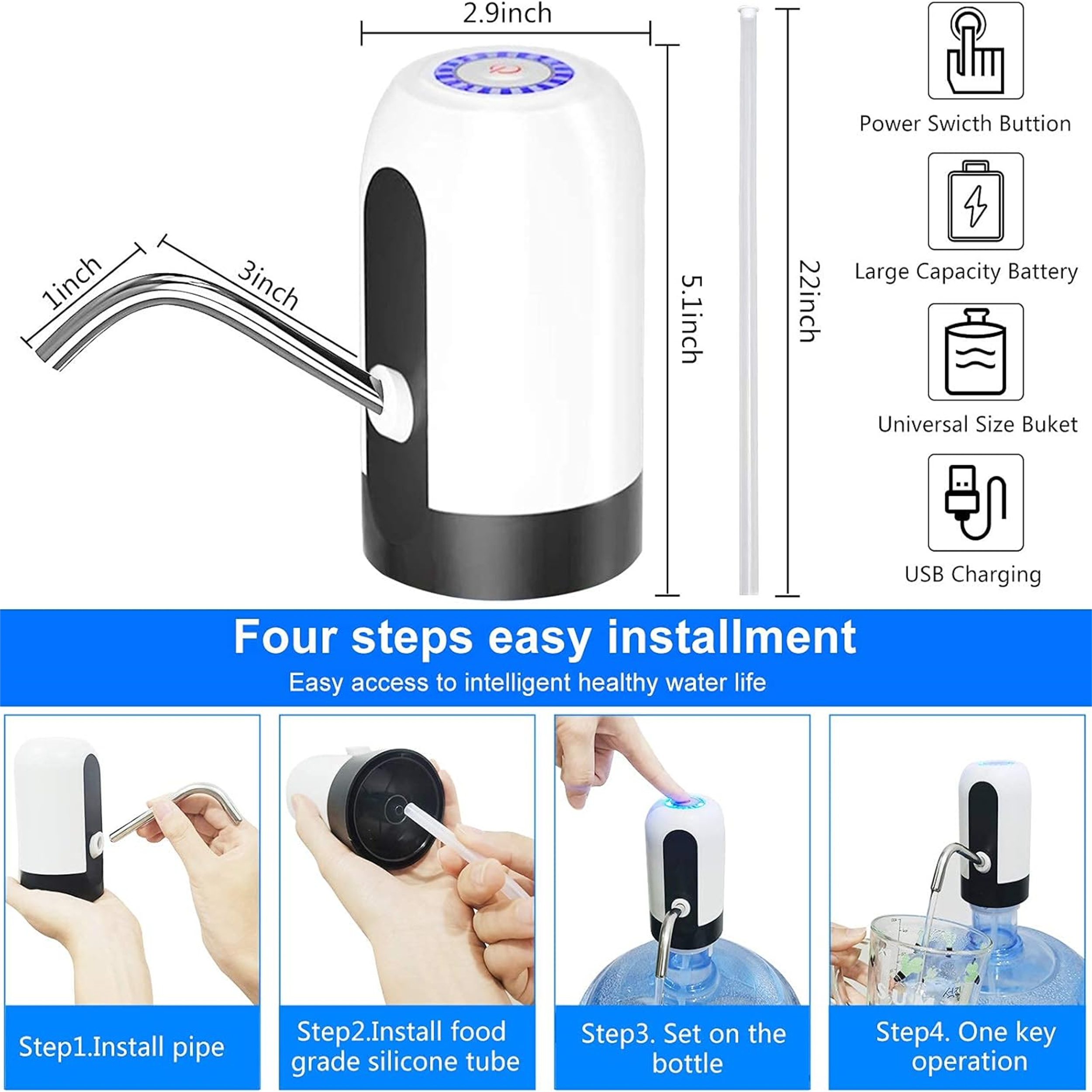 Ein weißer und schwarzer Wasserspender mit Maßen, Symbolen und vier Installationsschritten werden gezeigt.