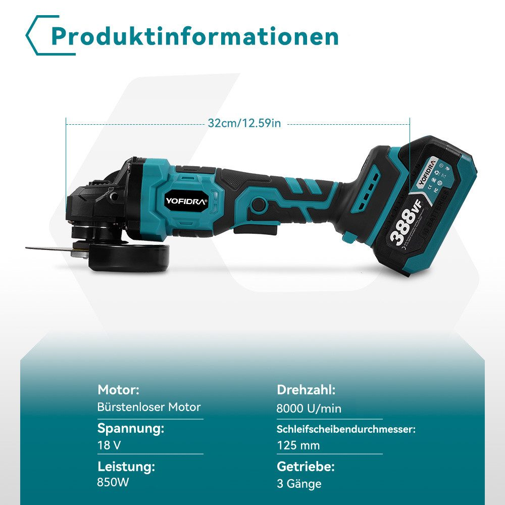 Ein elektrischer Schleifer mit blaugrünem und schwarzem Gehäuse, darunter Produktinformationen. Der Schleifer steht auf weißem Untergrund.