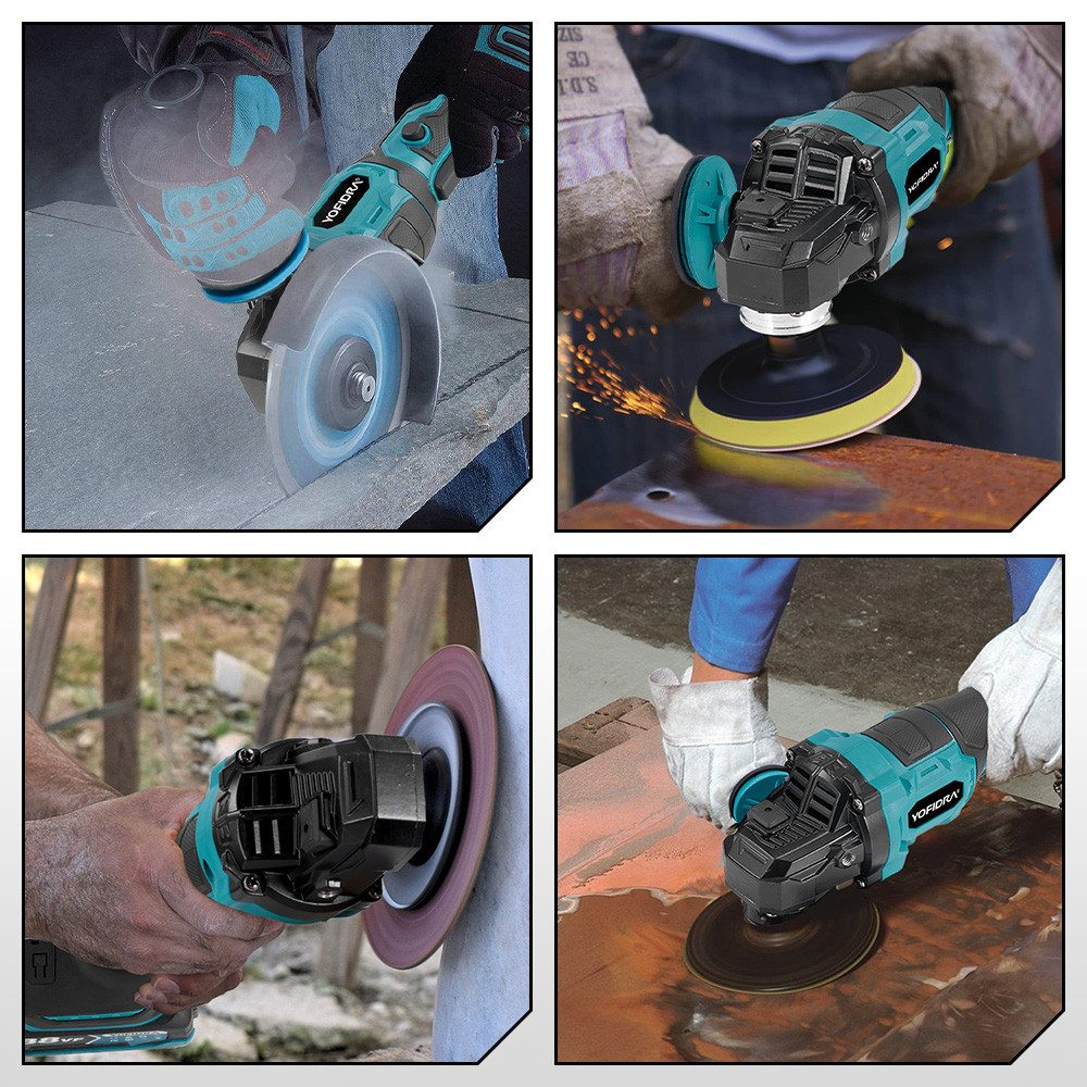 Vier Bilder zeigen den Einsatz von Winkelschleifern. Hände in Handschuhen bedienen die Werkzeuge auf Stein, Metall und anderen Oberflächen.