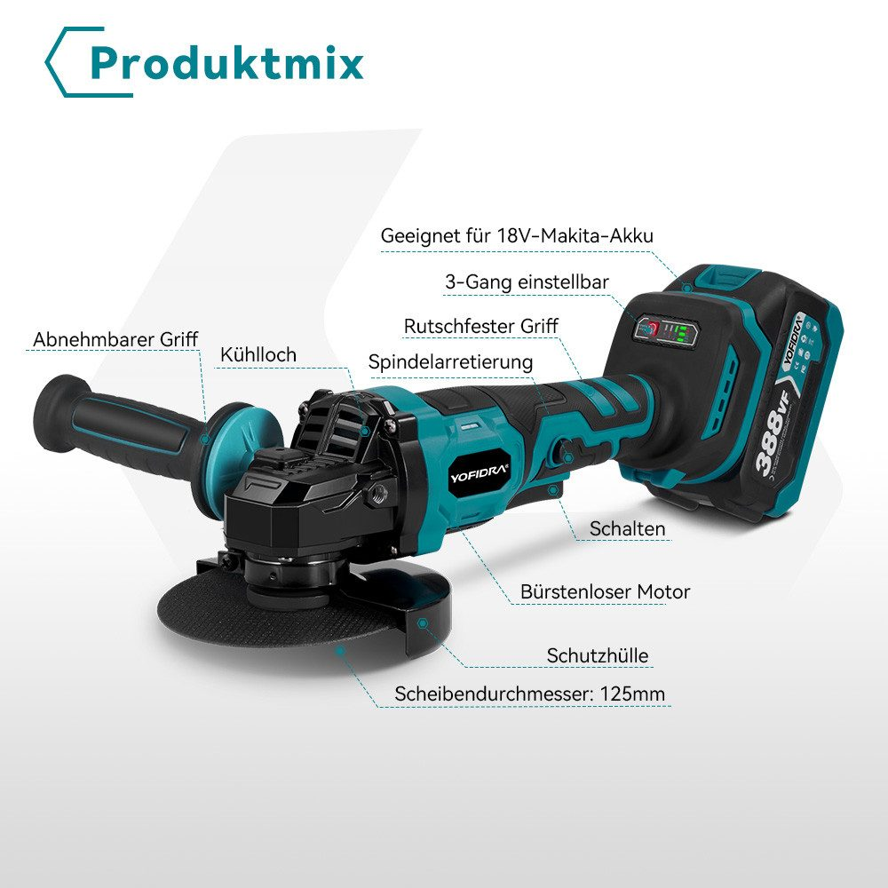 Ein Winkelschleifer mit schwarz-türkisem Design. Er verfügt über eine Scheibe, einen Griff, einen Akku und Beschriftungen.