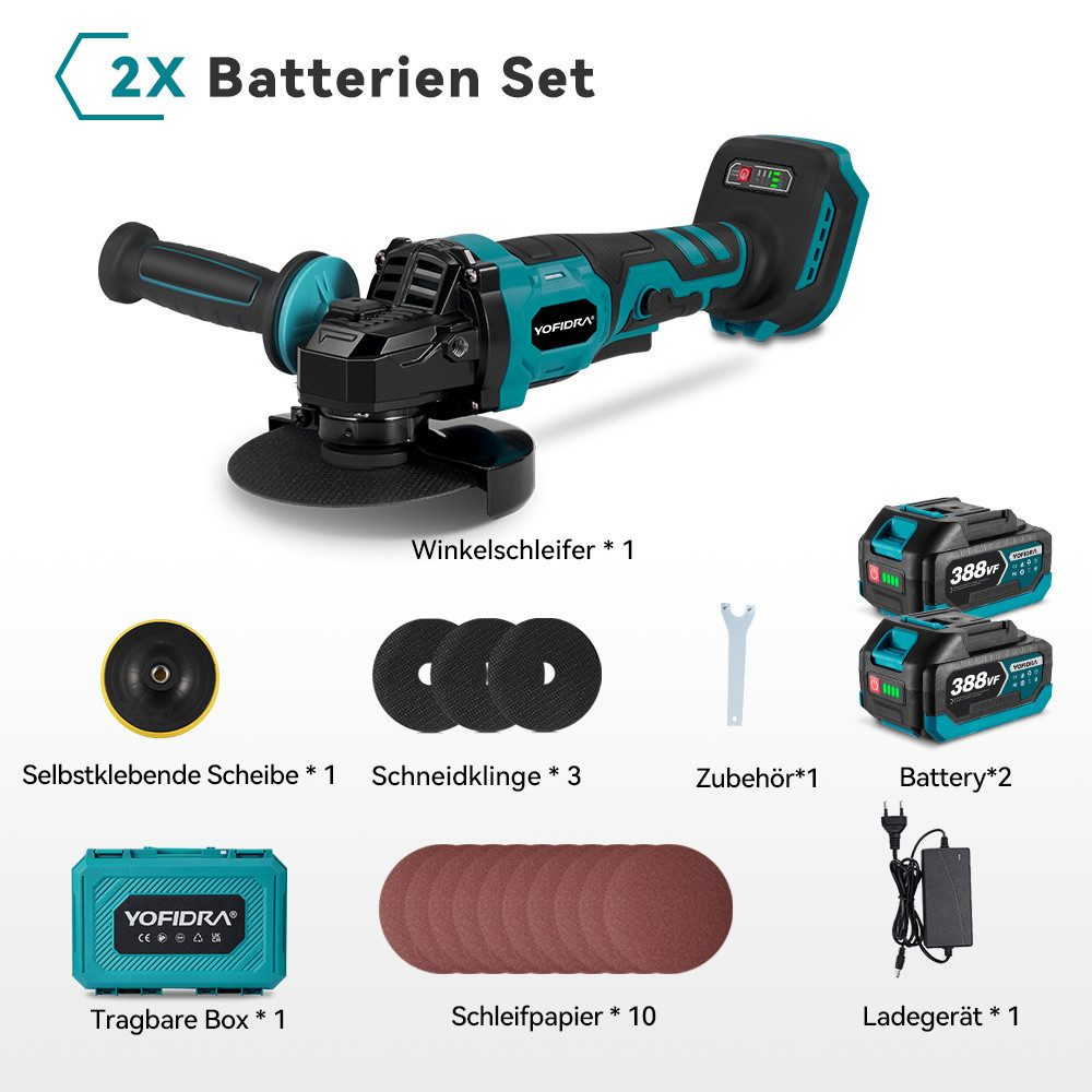 Ein Elektrowerkzeug-Set mit Winkelschleifer, Akkus, Scheiben, Ladegerät und Werkzeugkasten. Das Set ist türkis und schwarz, mit Zubehör.