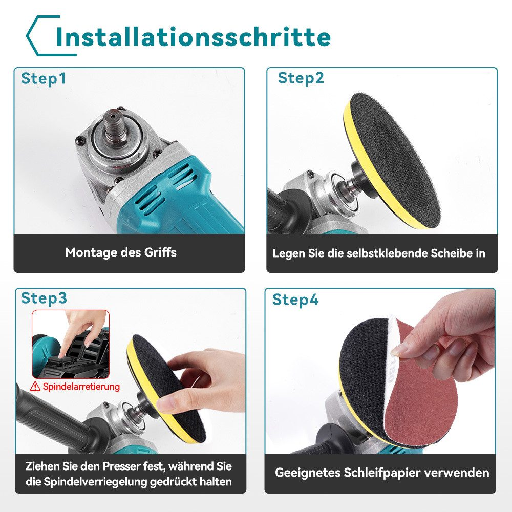 Anleitung zur Installation eines Schleifers. Schritt 1: Griff montieren. Schritt 2: Klebescheibe einlegen. Schritt 3: Spindel verriegeln. Schritt 4: Schleifpapier verwenden.
