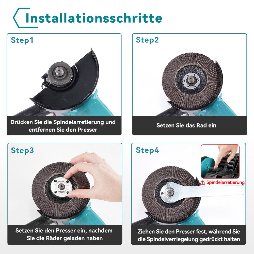 Installationsschritte für einen Winkelschleifer. Zeigt die Montage des Schleifers mit Illustrationen und Textanweisungen auf Deutsch.