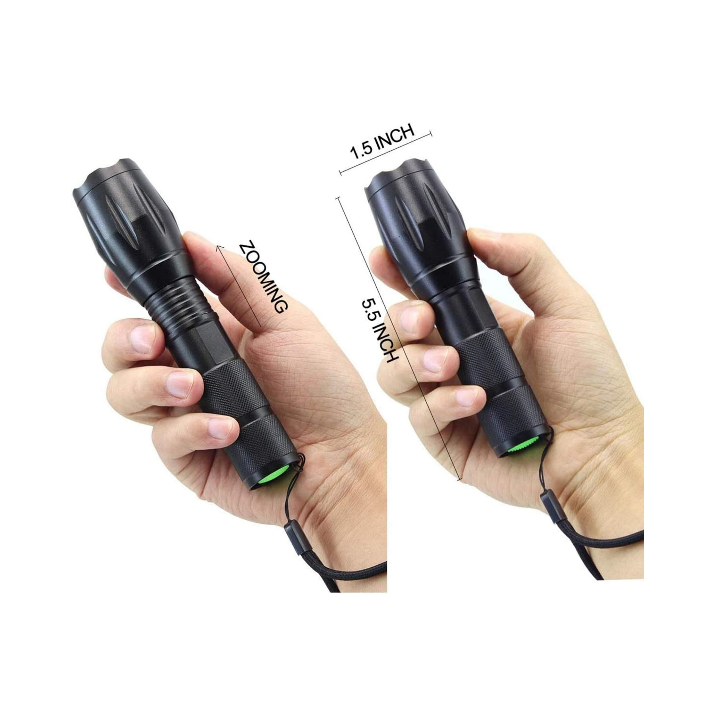 Zwei schwarze Taschenlampen werden in Händen gehalten. Abmessungen sind angegeben. Eine zoomt. Beide haben grüne Endkappen und Handschlaufen.