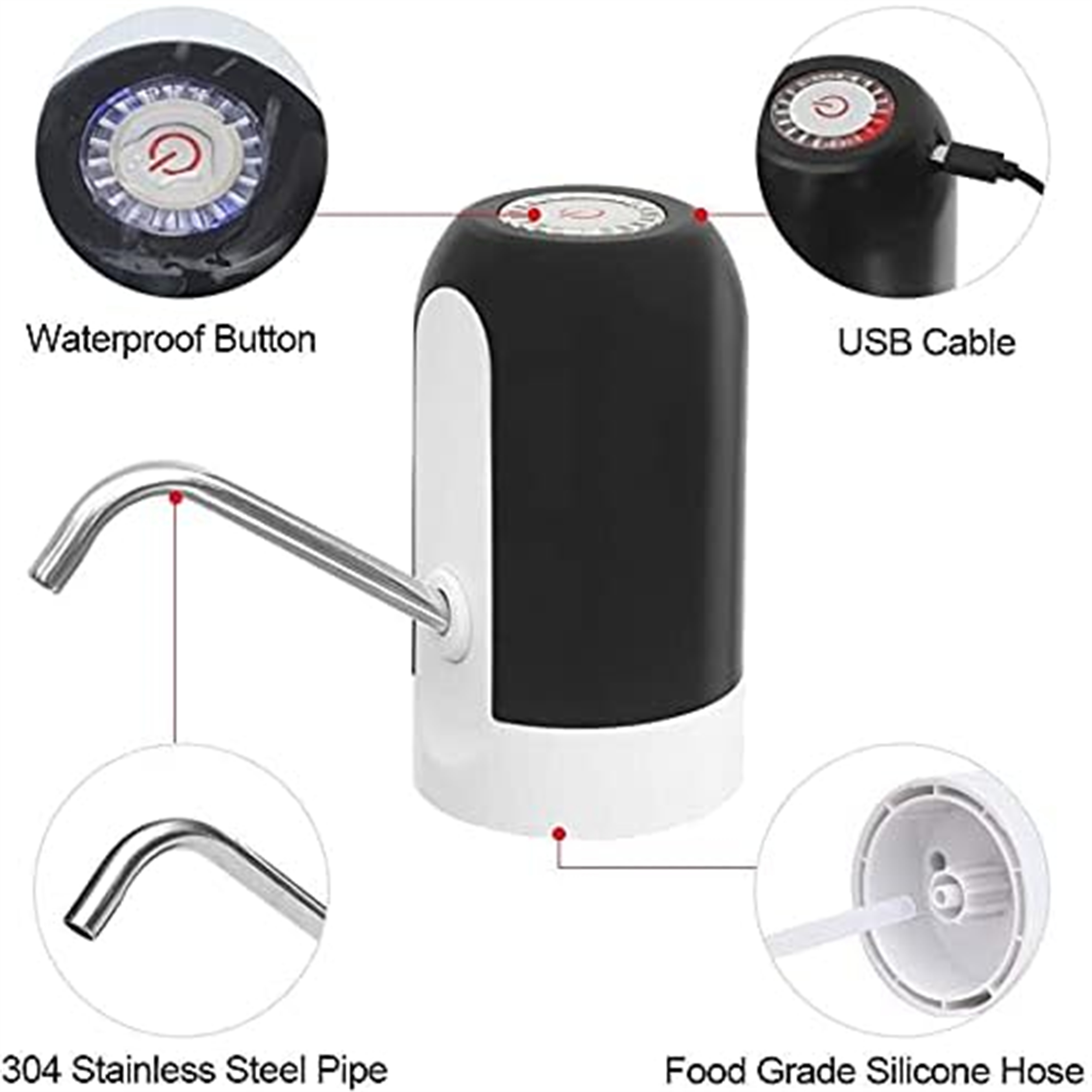 Ein schwarz-weißer Wasserspender mit Edelstahlrohr. Er hat eine wasserdichte Taste und ein USB-Kabel.