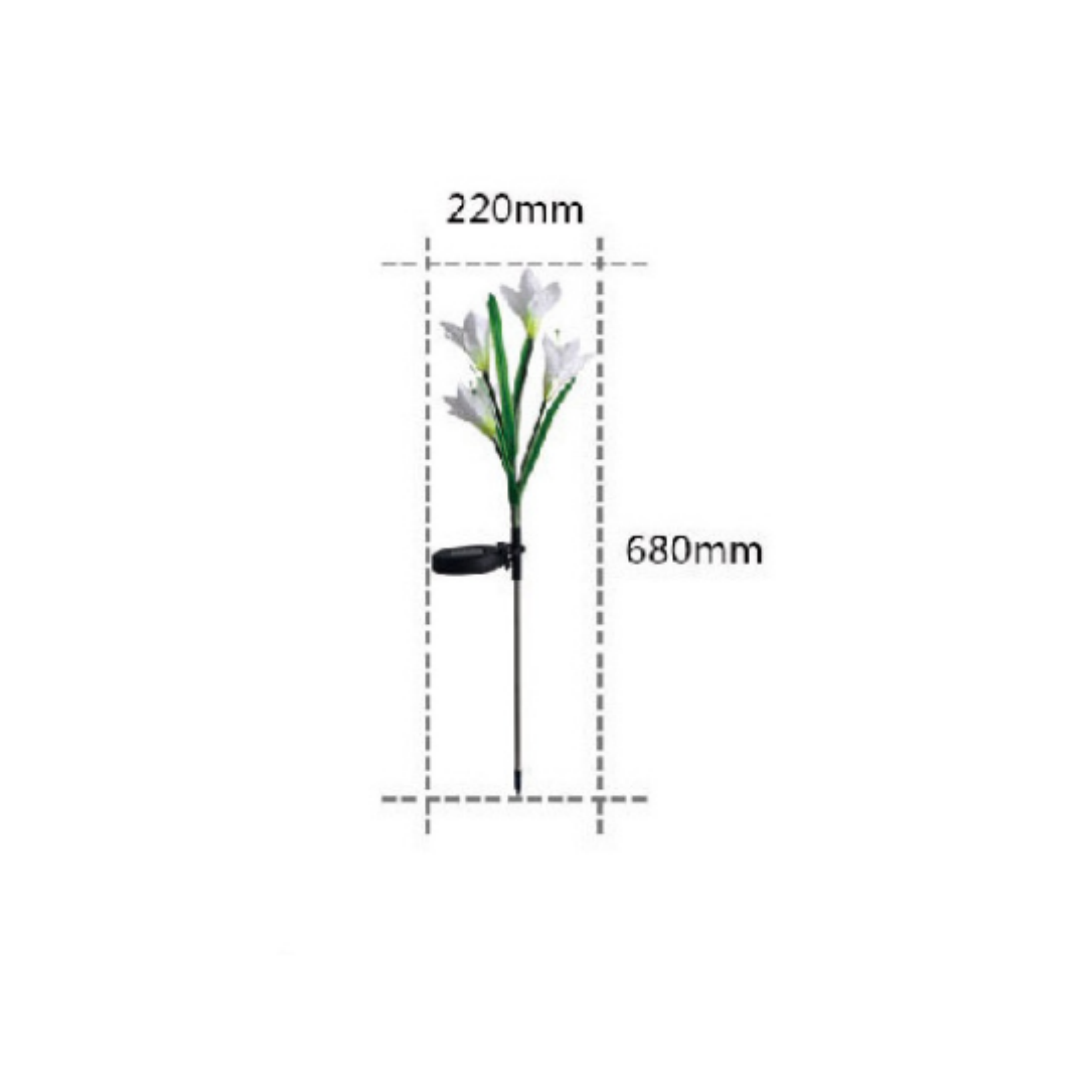 Eine solarbetriebene Gartenleuchte mit weißen Blumen. Sie hat einen schwarzen Stiel und eine Basis, mit Maßangaben in mm.