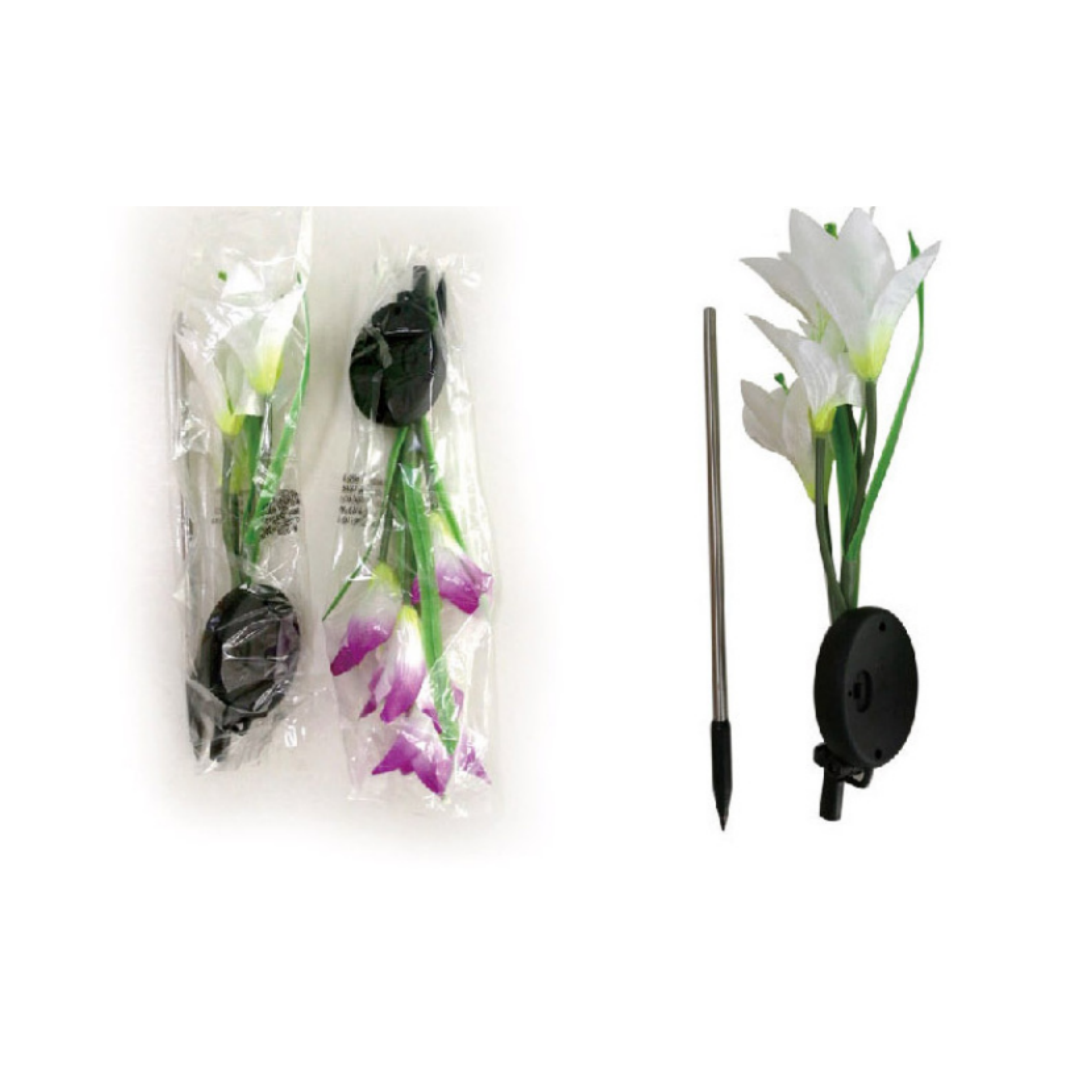 Das Bild zeigt Solar-Gartenleuchten. Einige sind in Plastik, andere sind mit weißen und lila Blumen bestückt.