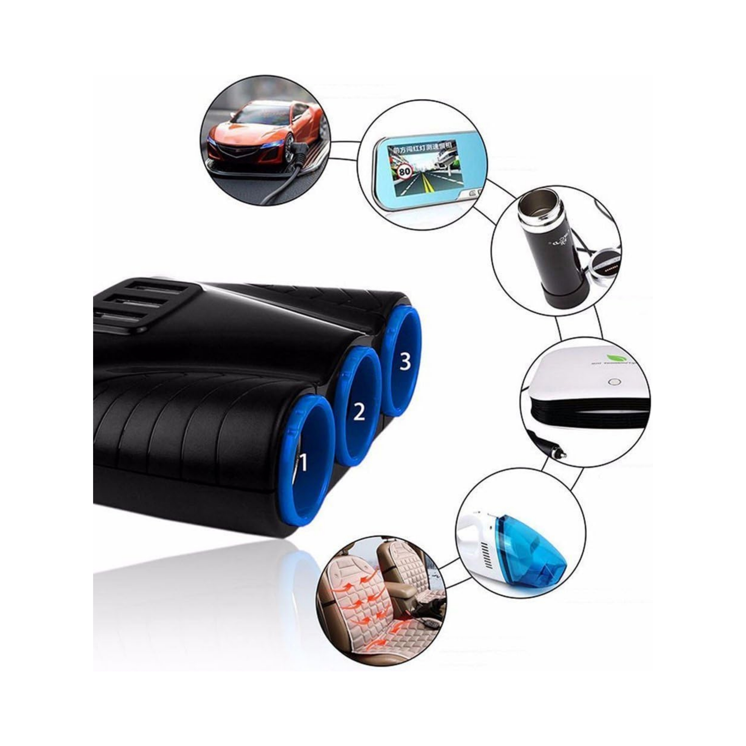 Ein Diagramm zeigt Autozubehör, darunter ein Modellauto, einen Dashcam-Bildschirm, einen Staubsauger und eine Sitzheizung.