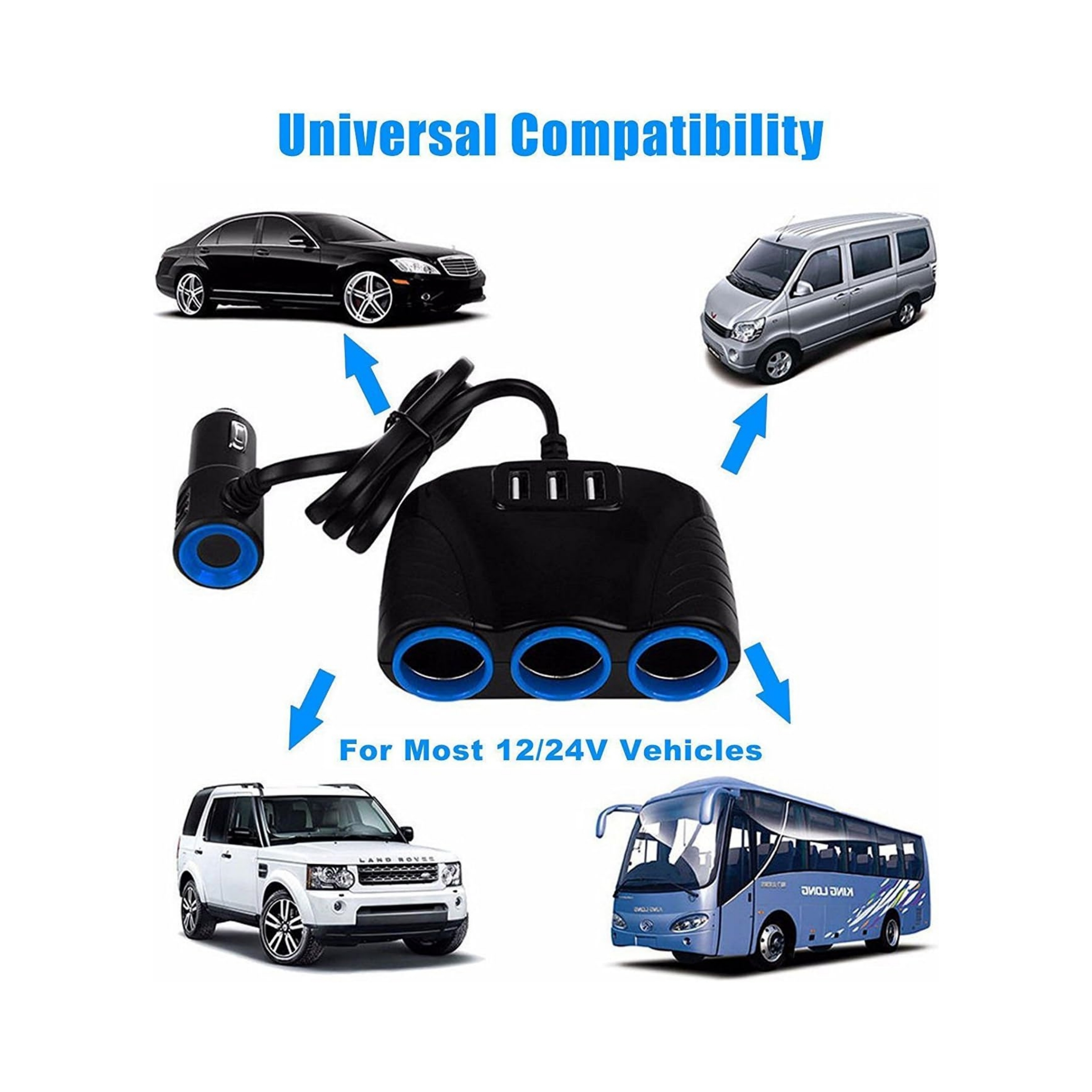 Schwarzes Auto, Van, SUV und Bus mit Pfeilen, die auf einen schwarzen Netzadapter zeigen. Text: universelle Kompatibilität.