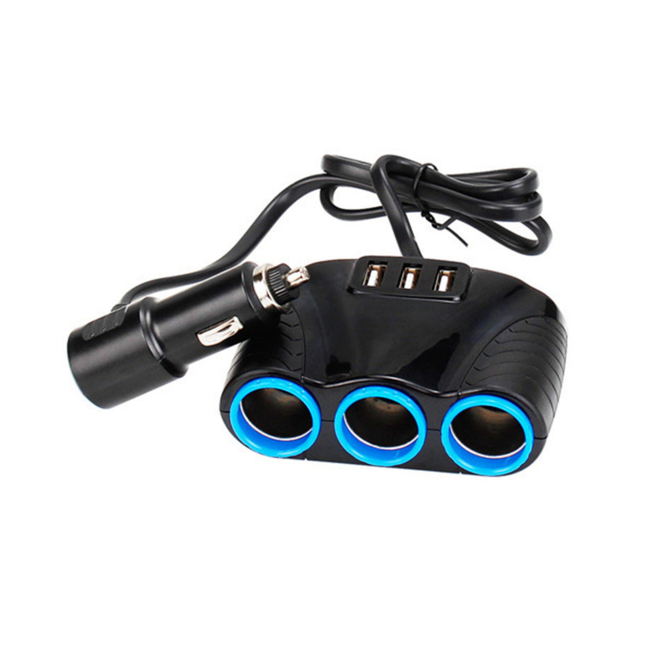 Ein schwarzes Autoladegerät mit drei USB-Anschlüssen und drei Zigarettenanzünder-Anschlüssen mit blauen Lichtringen.
