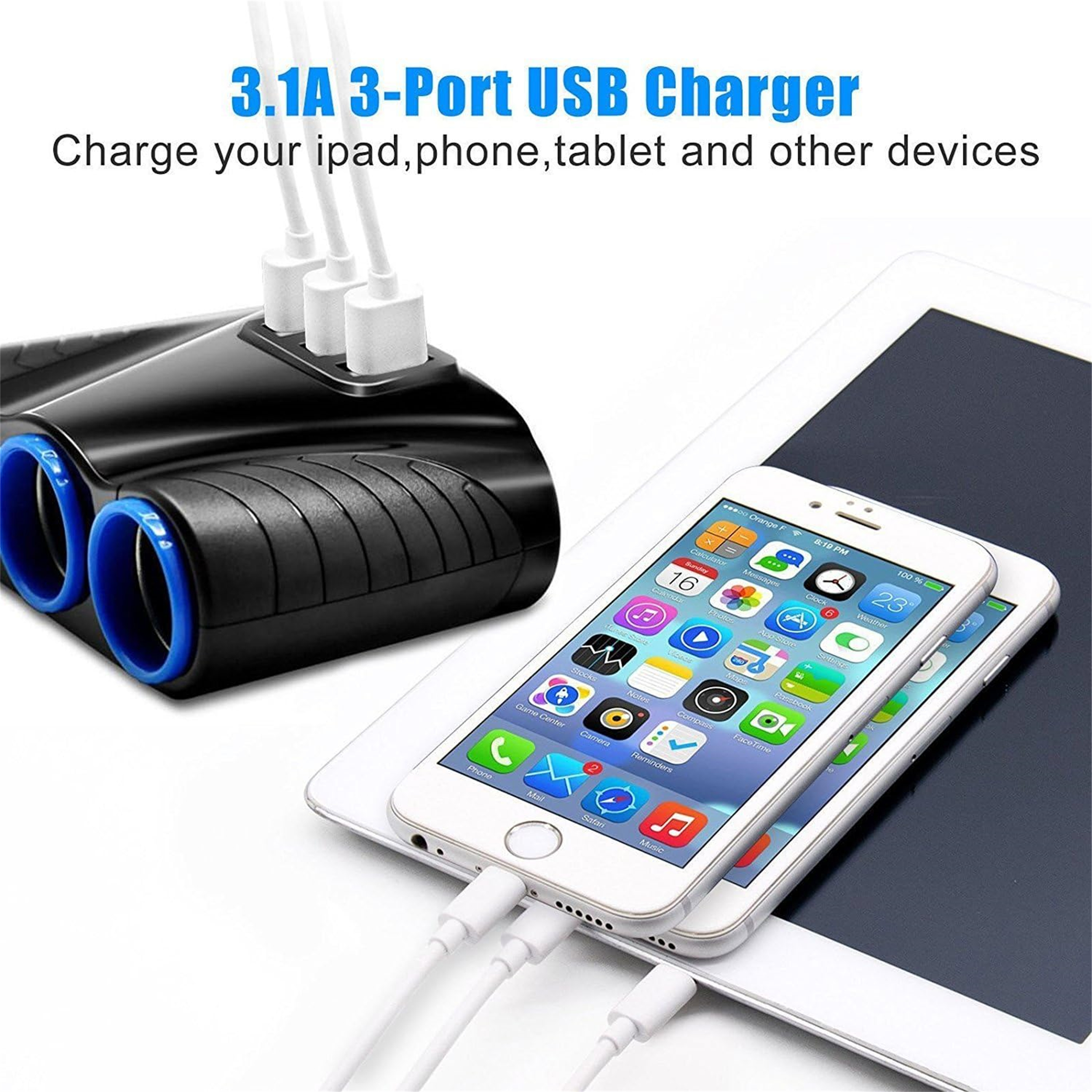 Schwarzes USB-Ladegerät mit drei Anschlüssen, das ein Telefon und ein Tablet auflädt. Text: 3.1A 3-Port USB-Ladegerät.