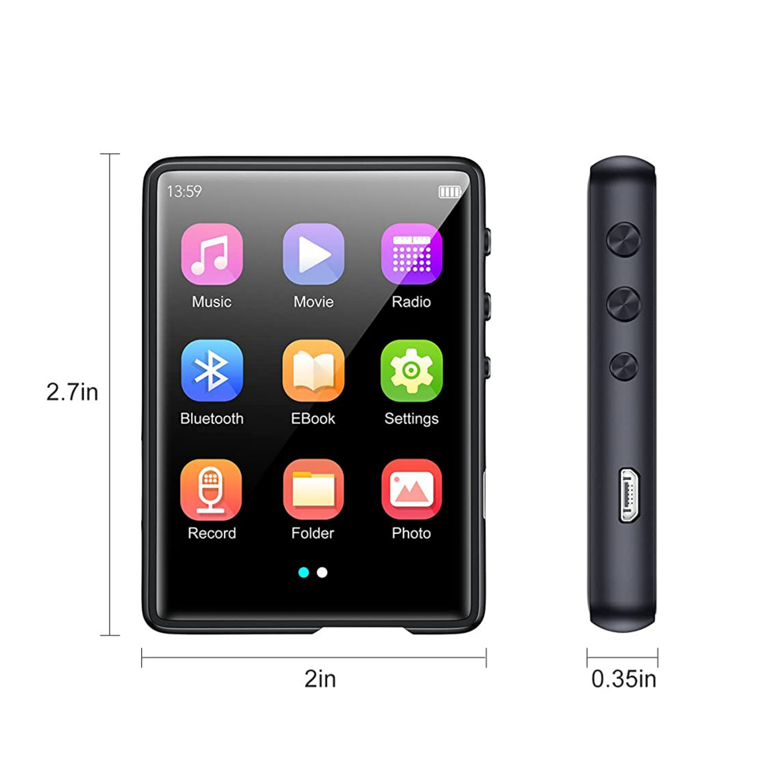 Schwarzer MP3-Player mit Touchscreen-Oberfläche. Mit Symbolen für Musik, Film, Radio, Bluetooth, eBook, Einstellungen, Aufnahme, Ordner und Foto.