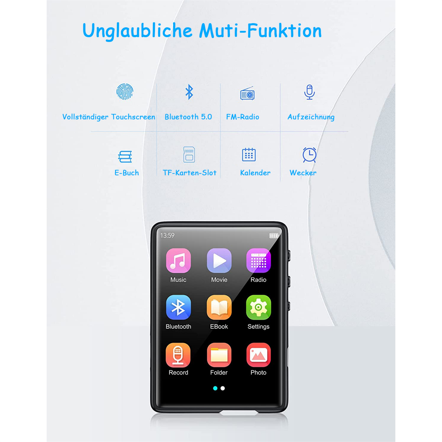 Schwarzer MP3-Player mit Touchscreen, Icons für Musik, Film, Radio, Bluetooth, E-Book, Einstellungen, Aufnahme, Ordner, Foto. Text: Unglaubliche Muti-Funktion.