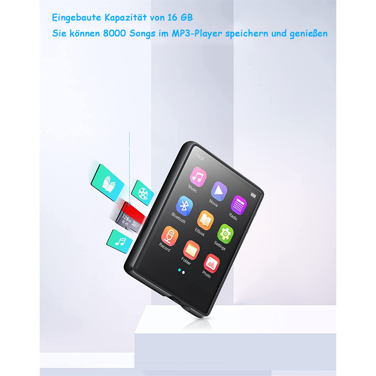 Schwarzer MP3-Player mit Touchscreen, der App-Symbole anzeigt. MicroSD-Karte und schwebende Symbole sind ebenfalls vorhanden. Text zeigt 16 GB Kapazität an.