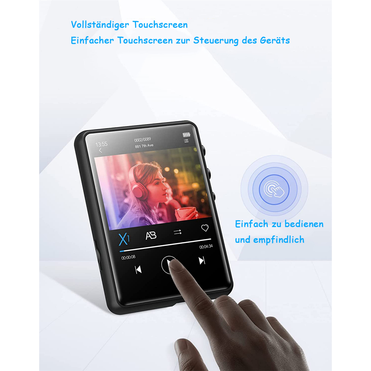 Eine Hand berührt einen Musikplayer-Bildschirm. Der Bildschirm zeigt eine Frau mit Kopfhörern. Text auf Deutsch bewirbt den Touchscreen.