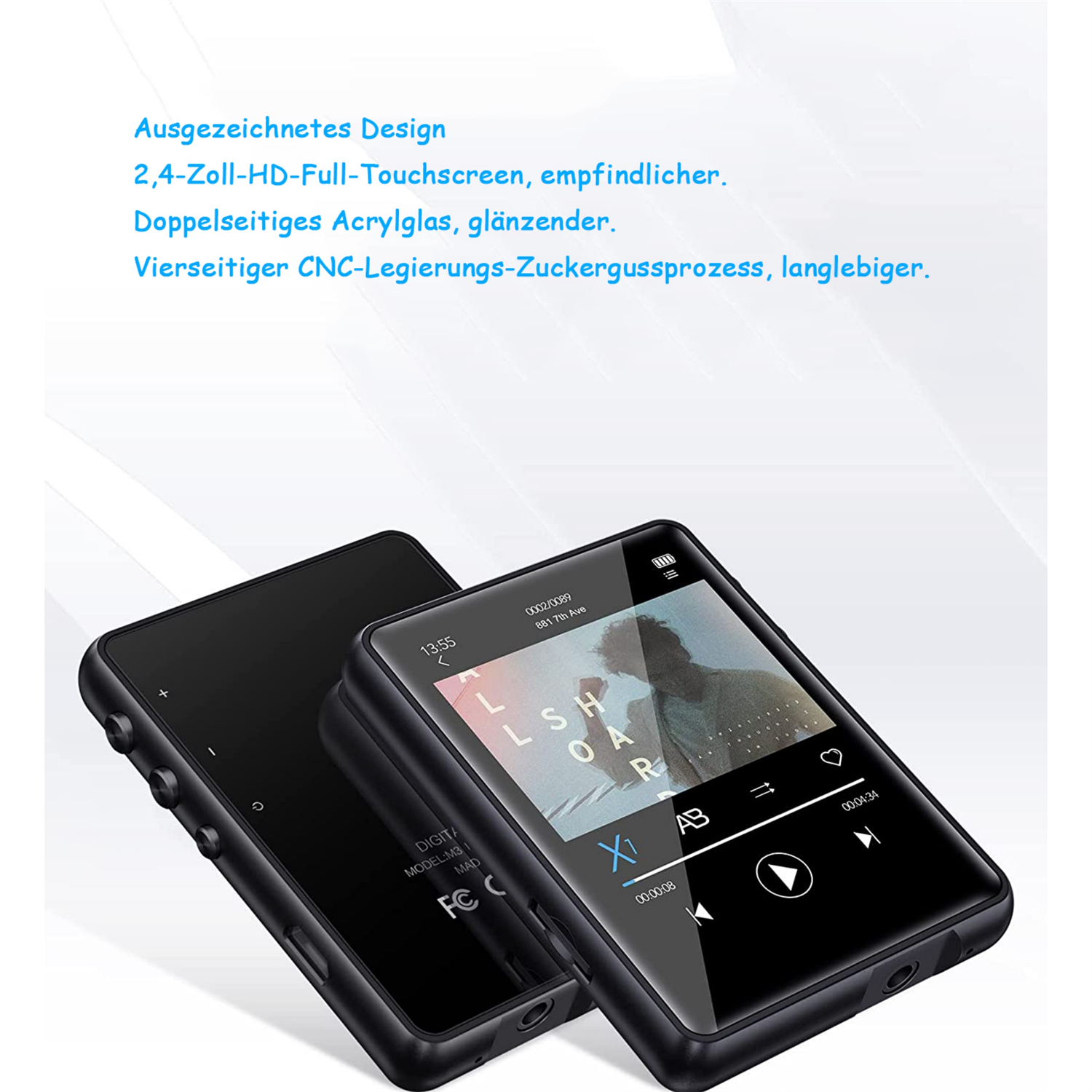 Zwei schwarze digitale Musikplayer. Einer zeigt eine Musikoberfläche, der andere ist leer. Text auf Deutsch: Design, Touchscreen, Glas.